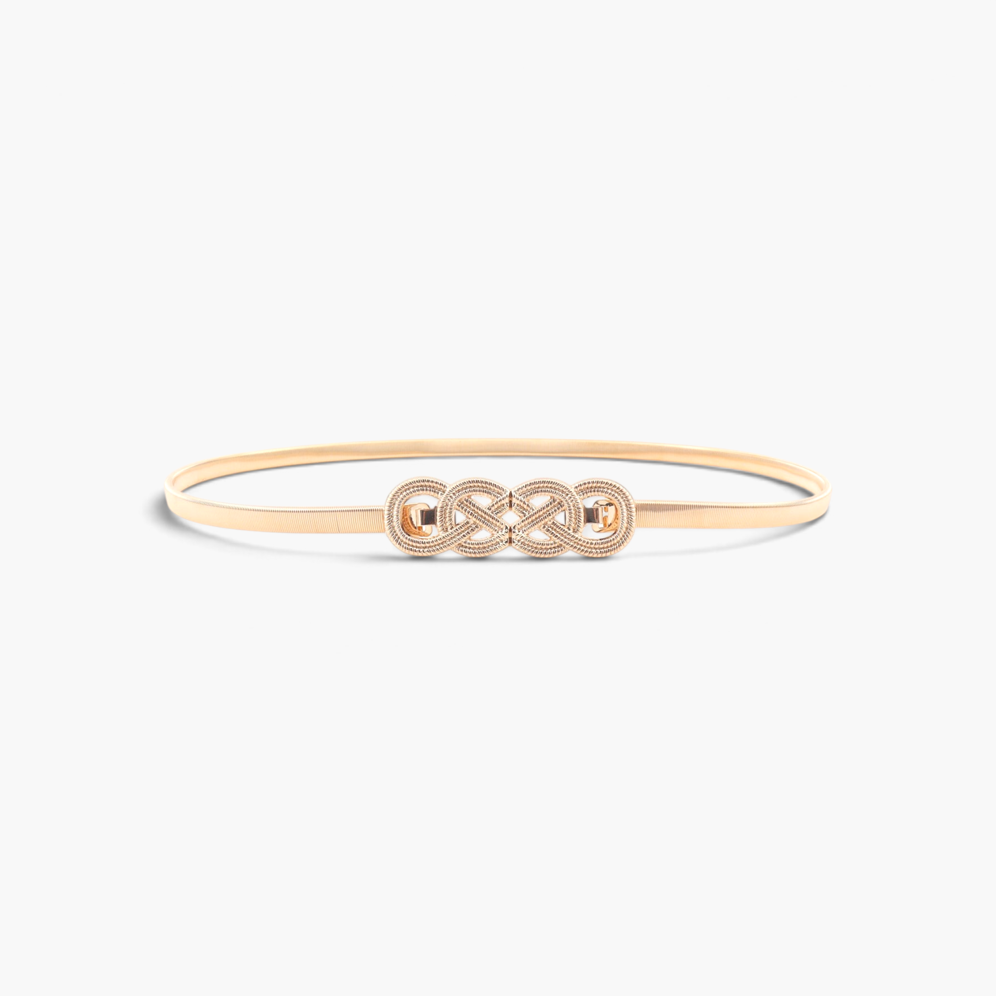Beach Rose Co. slim gold metal waist belt featuring an intricate interwoven knot buckle and a finely ridged band.