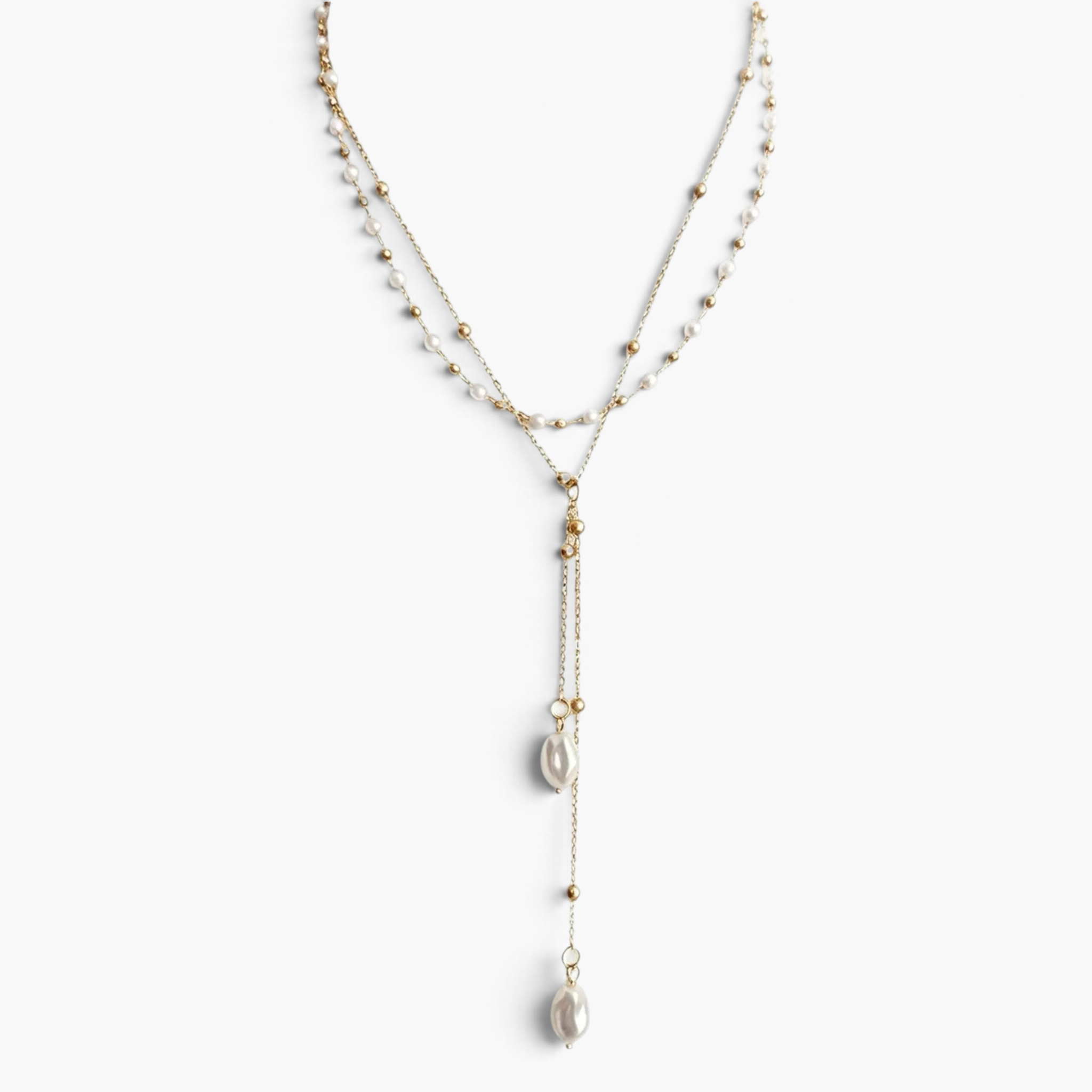 Beach Rose Co. 18K gold-plated Y-shaped necklace with two layers, petite faux pearls, and organic drop pearl pendants.