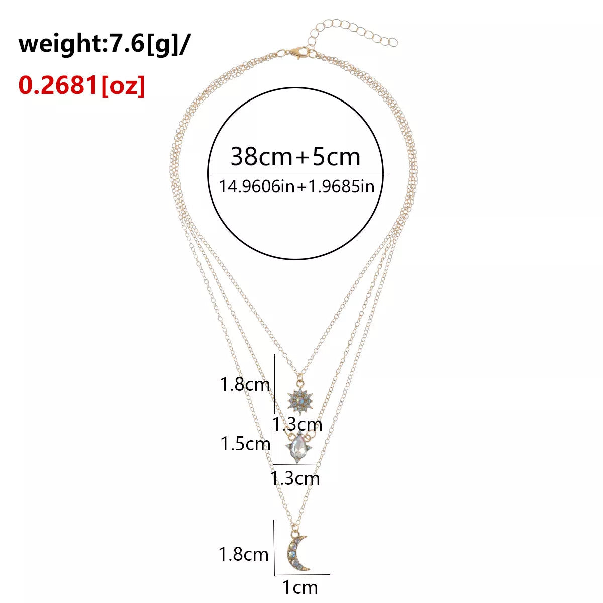 Beach Rose Co. 18K gold-plated layered necklace featuring a sun, teardrop, and zircon crescent moon pendant.