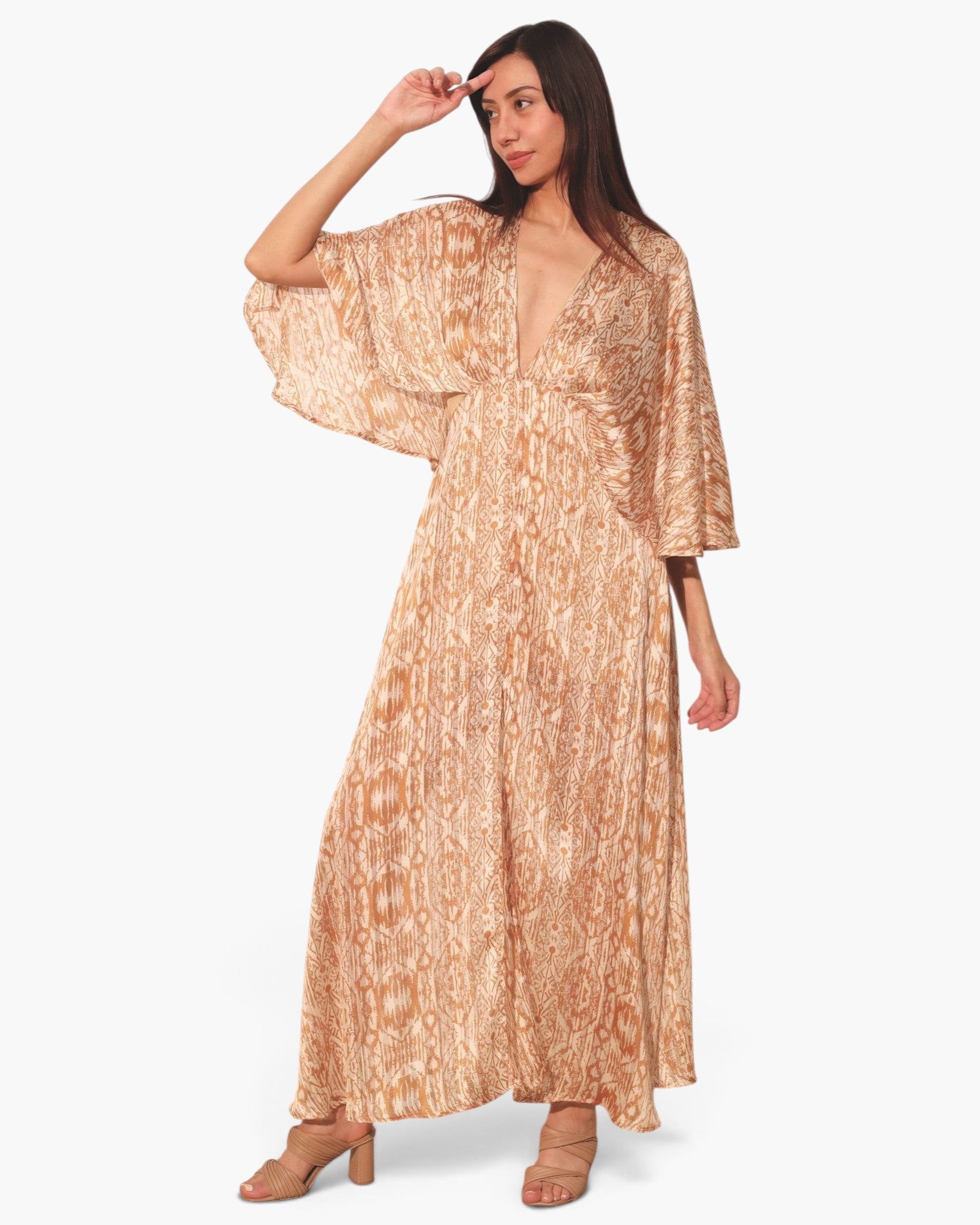 Beach Rose Co. bohemian maxi dress in shimmering gold lurex chiffon with a flowing cape overlay and deep V-neckline.