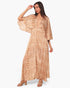 Beach Rose Co. bohemian maxi dress in shimmering gold lurex chiffon with a flowing cape overlay and deep V-neckline.