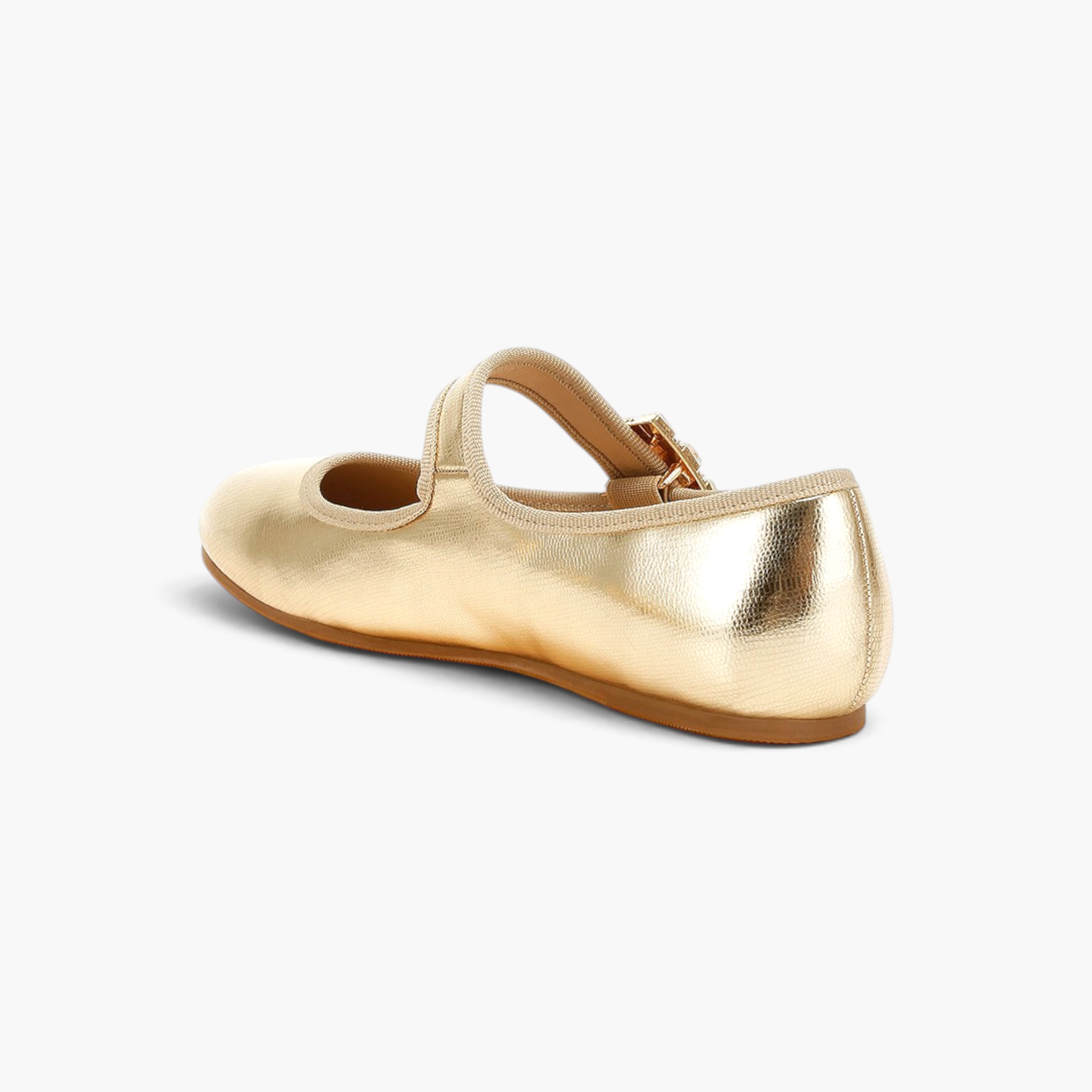 Beach Rose Co. gold metallic Mary Jane flats with a rounded toe, slim strap, and jeweled buckle detail.