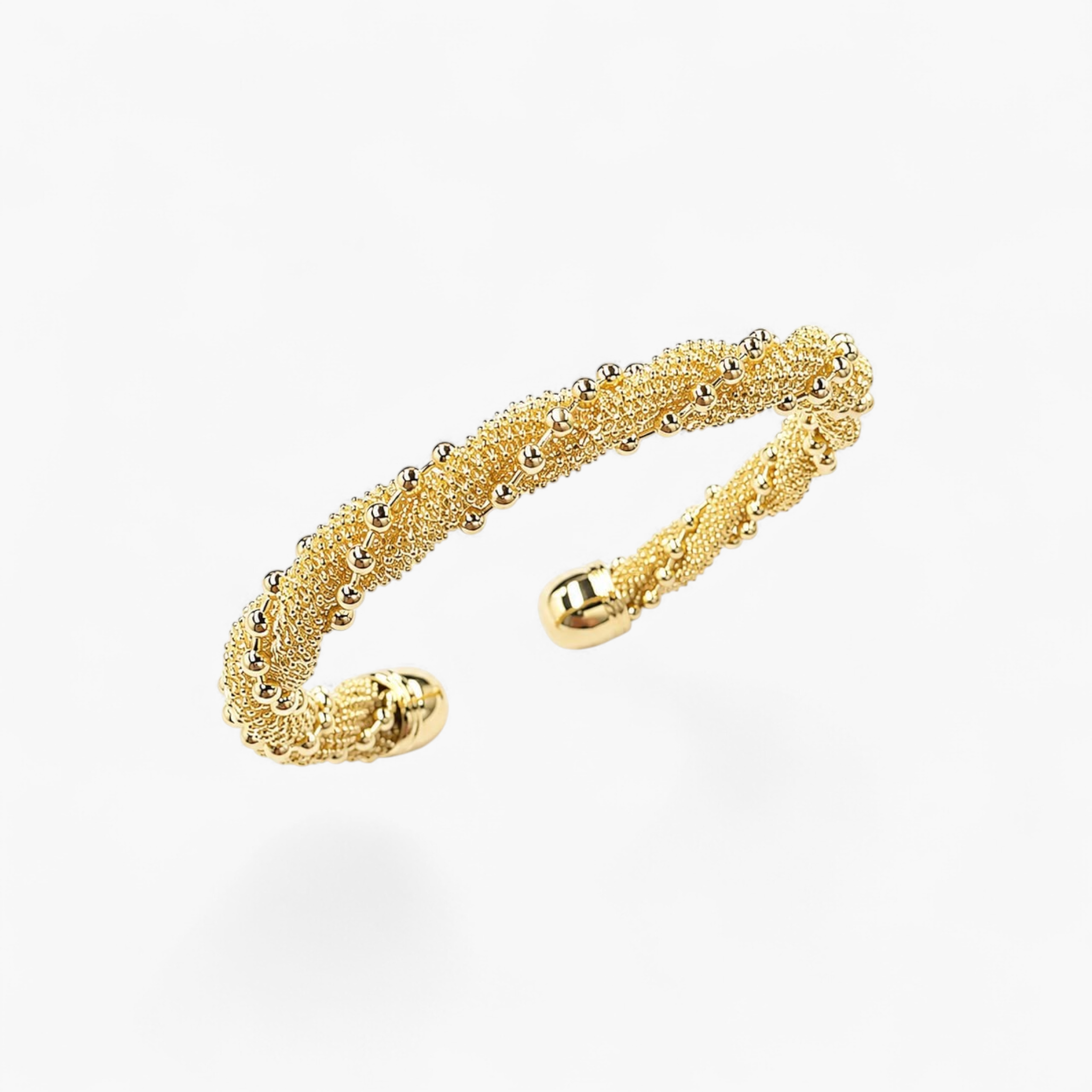 Beach Rose Co. 18K gold filled open cuff bracelet with fine mesh texture and scattered polished beads.