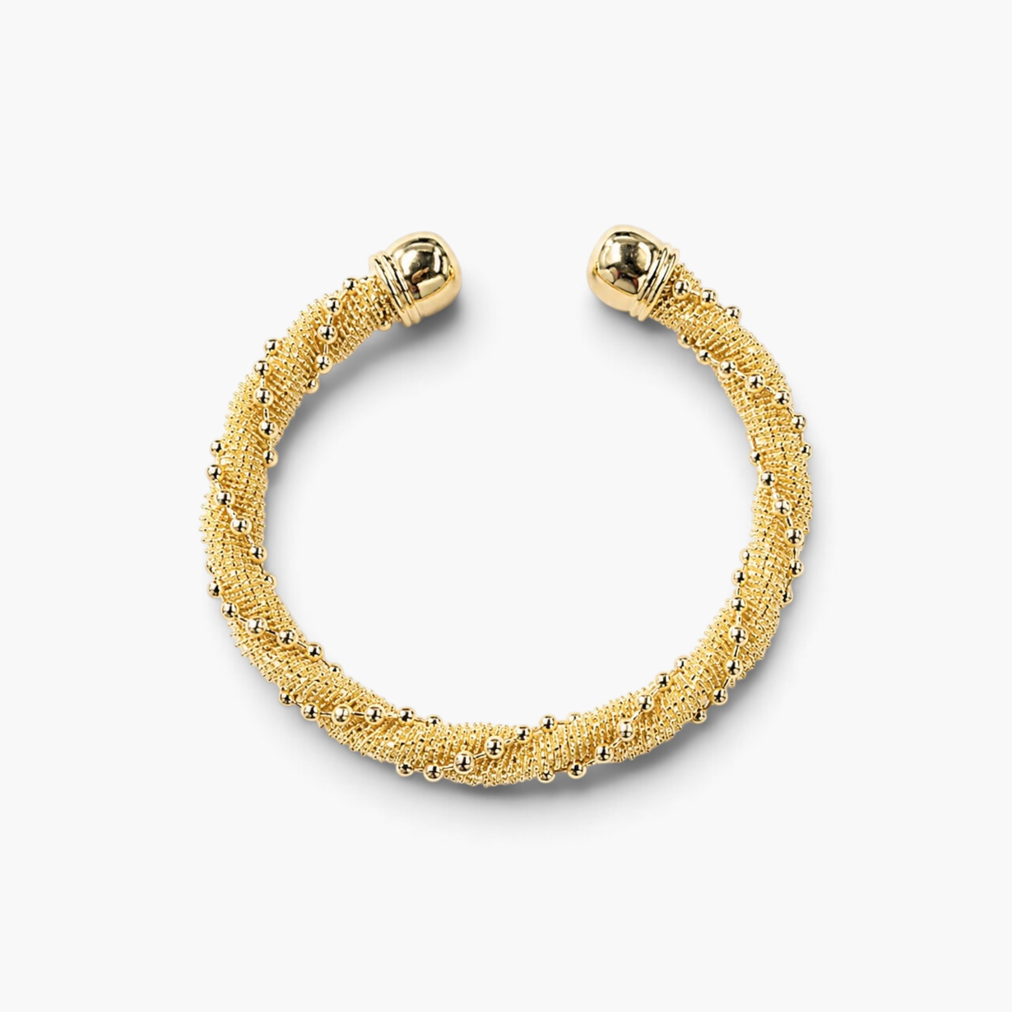 Beach Rose Co. gold 18K gold filled open cuff bracelet with fine mesh texture and scattered polished beads.
