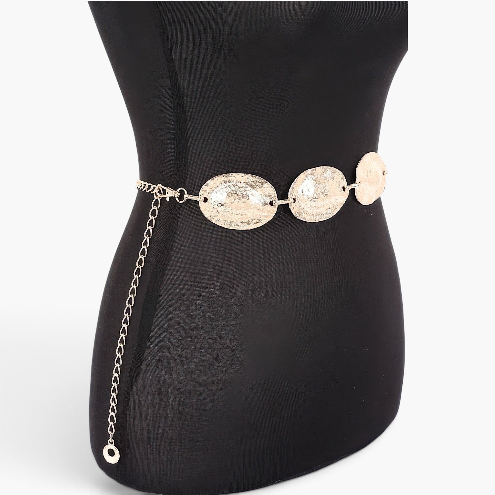 Beach Rose Co. gold metal chain belt featuring shimmering textured discs on a black mannequin torso