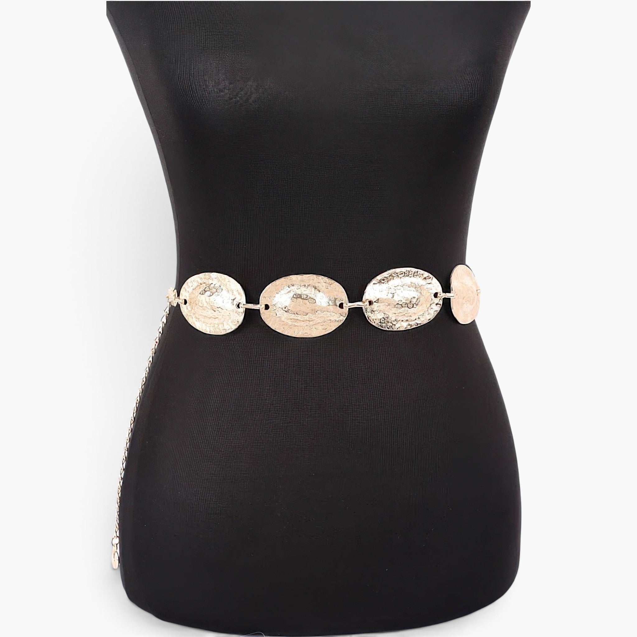 Beach Rose Co. gold metal chain belt featuring shimmering hammered discs on a black mannequin torso