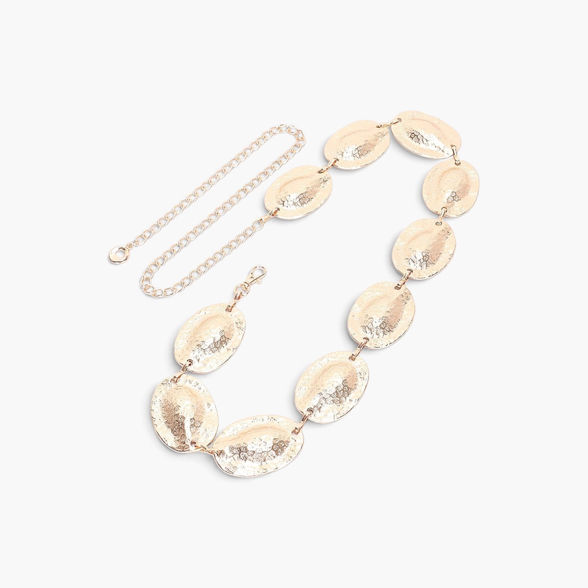 Beach Rose Co. gold metal chain belt featuring shimmering hammered oval discs for a glamorous accessory look