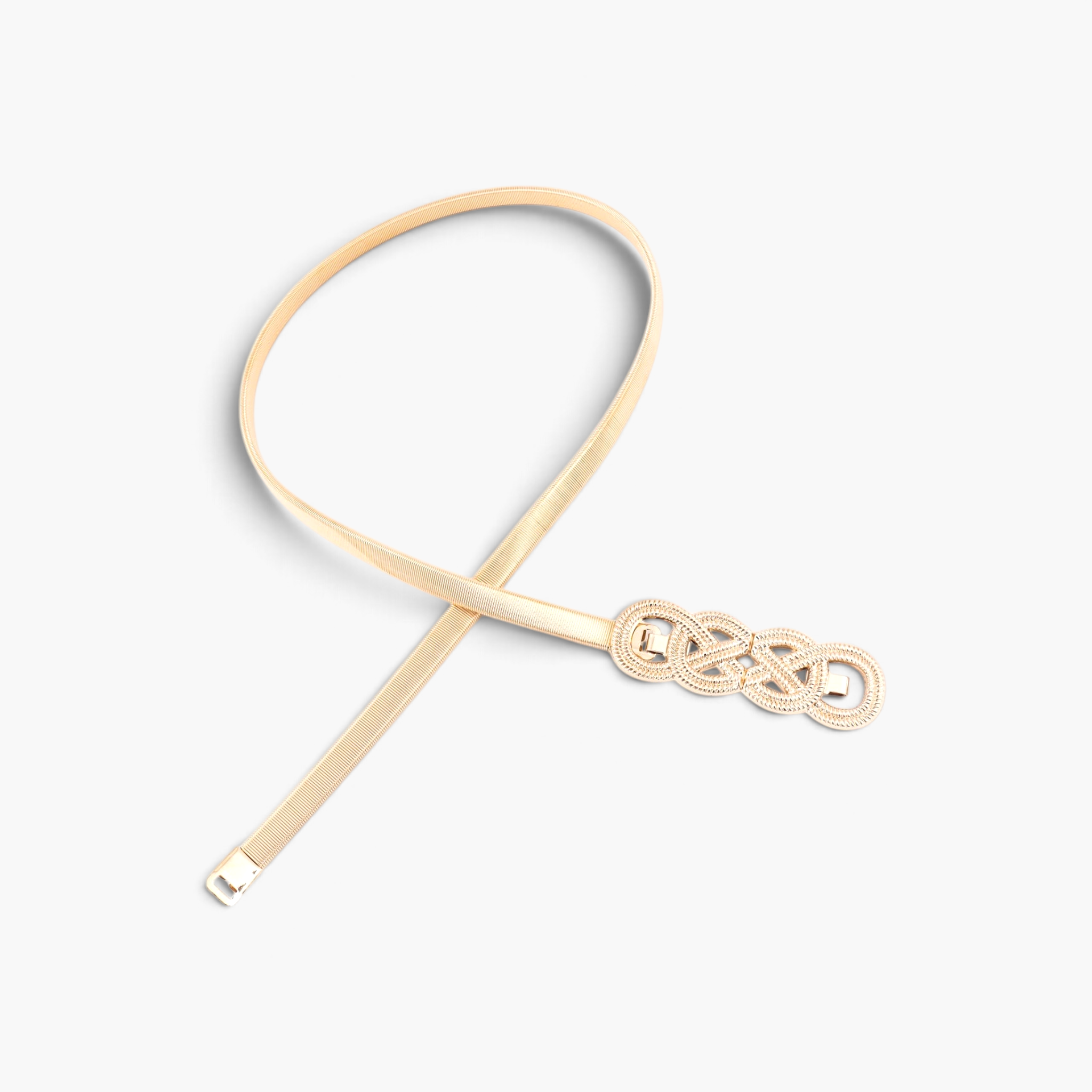 Beach Rose Co. slim gold metal waist belt featuring an intricate interwoven knot buckle and a finely ridged band.