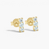 Beach Rose Co. gold-plated sterling silver bar stud earrings featuring three round moissanite stones in prong settings.
