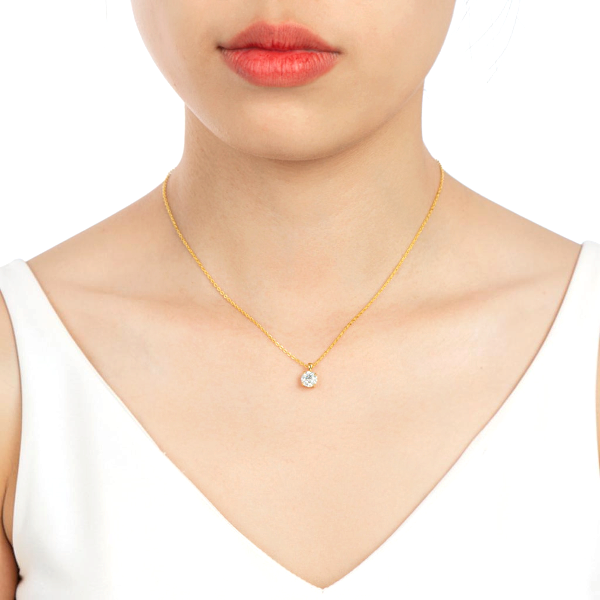 Beach Rose Co. 1 carat round moissanite solitaire pendant necklace in gold-plated sterling silver on a model