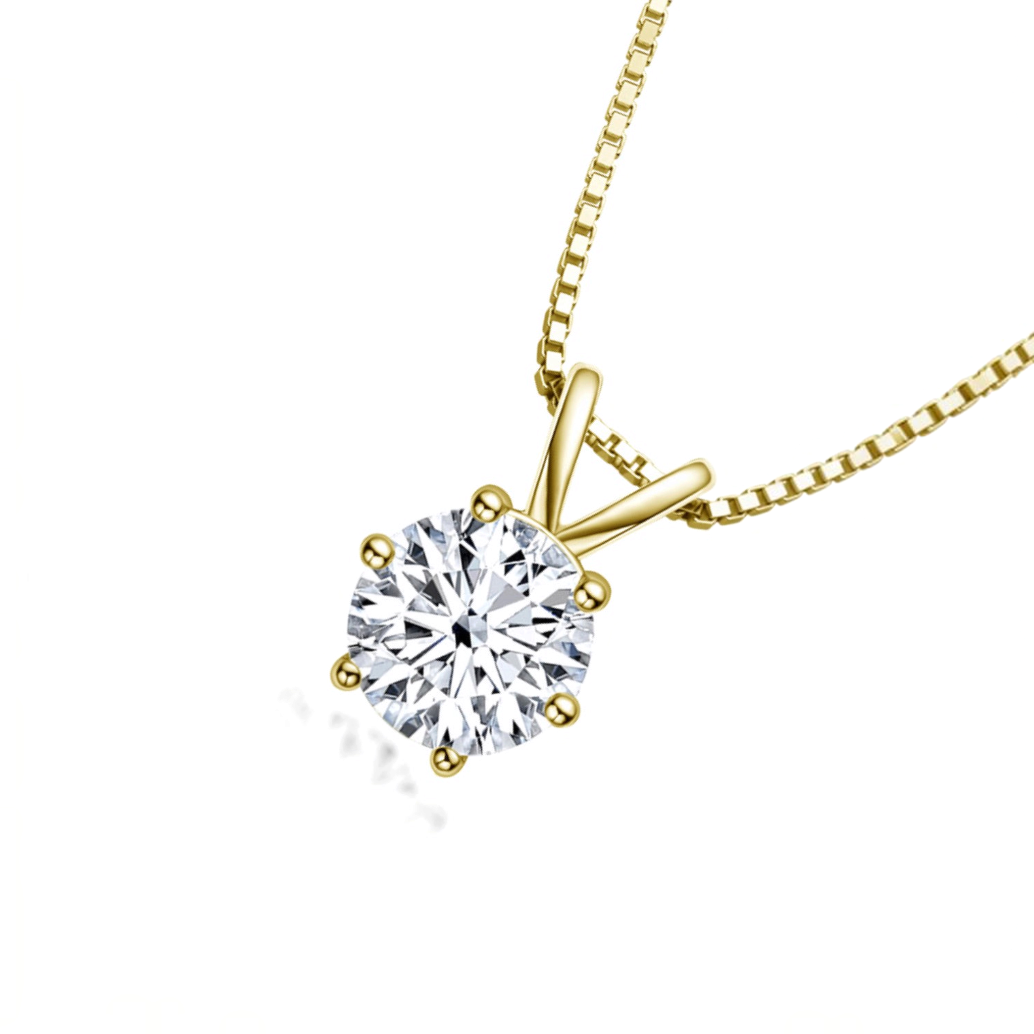 Beach Rose Co. 1 carat round moissanite solitaire pendant necklace in 18K gold-plated sterling silver with box chain.
