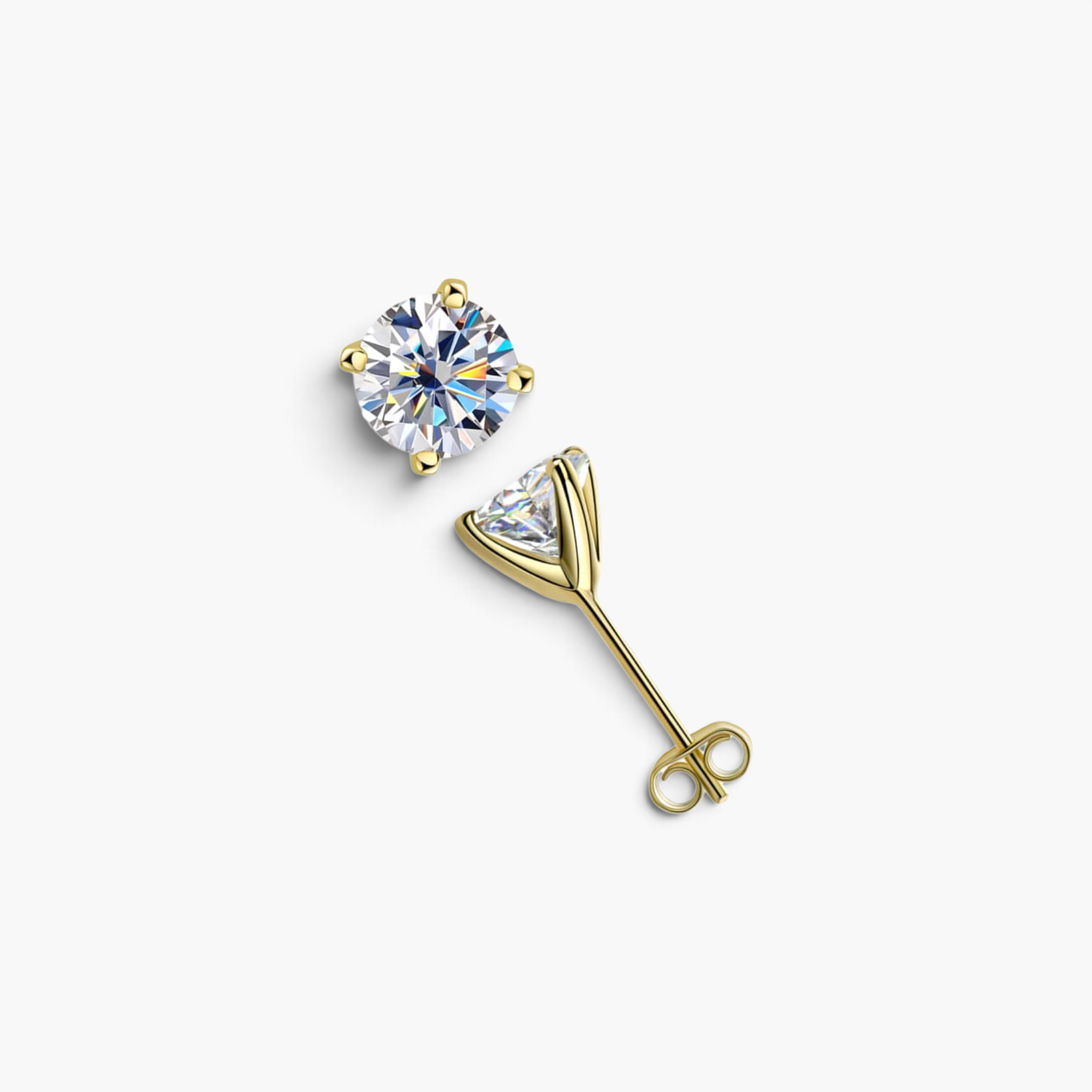 Beach Rose Co. 1 carat round moissanite stud earrings in gold-plated sterling silver with a four-prong open setting.