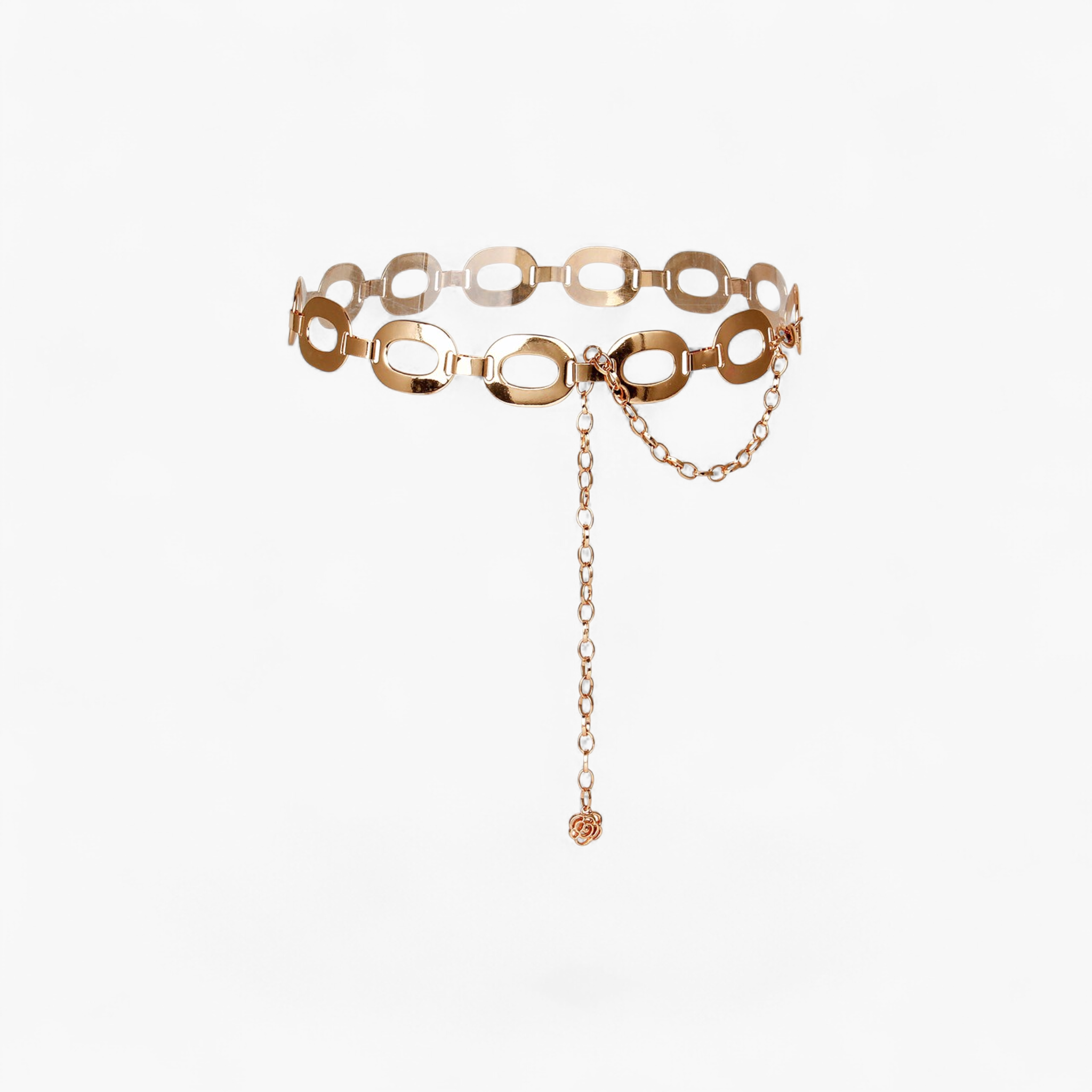 Beach Rose Co. gold-tone ferroalloy chain belt featuring open oval links and a delicate rose charm detail.