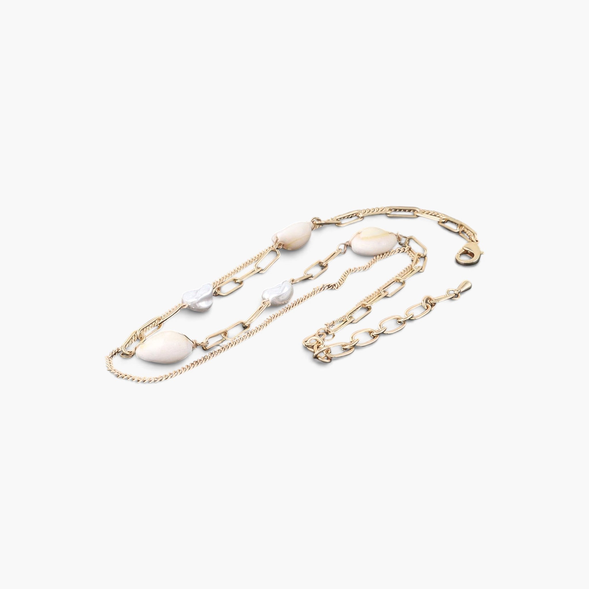 Beach Rose Co. gold chain necklace featuring two lustrous cream pearls in a delicate, minimalist layered design.