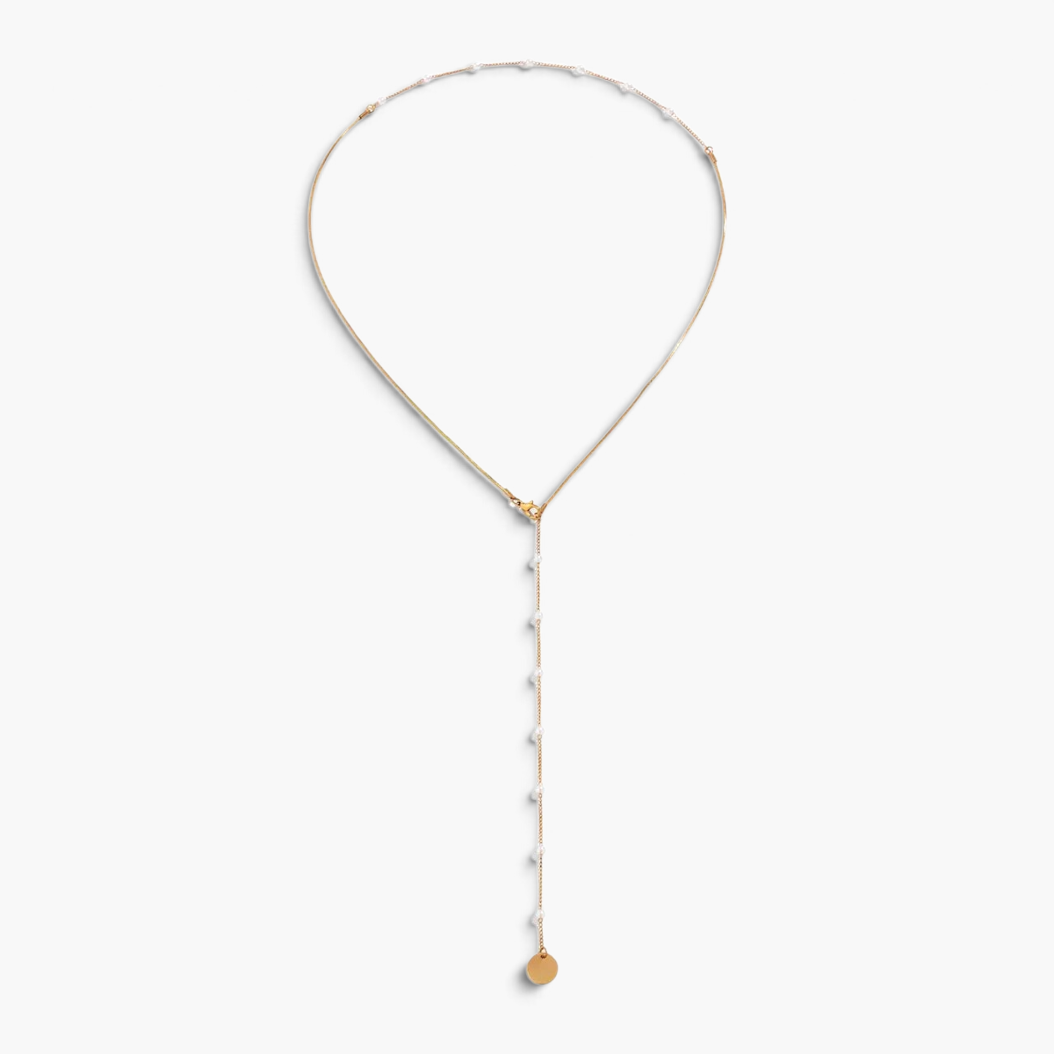 Beach Rose Co. 18K gold-plated lariat necklace featuring white synthetic pearls and a polished round disc charm.