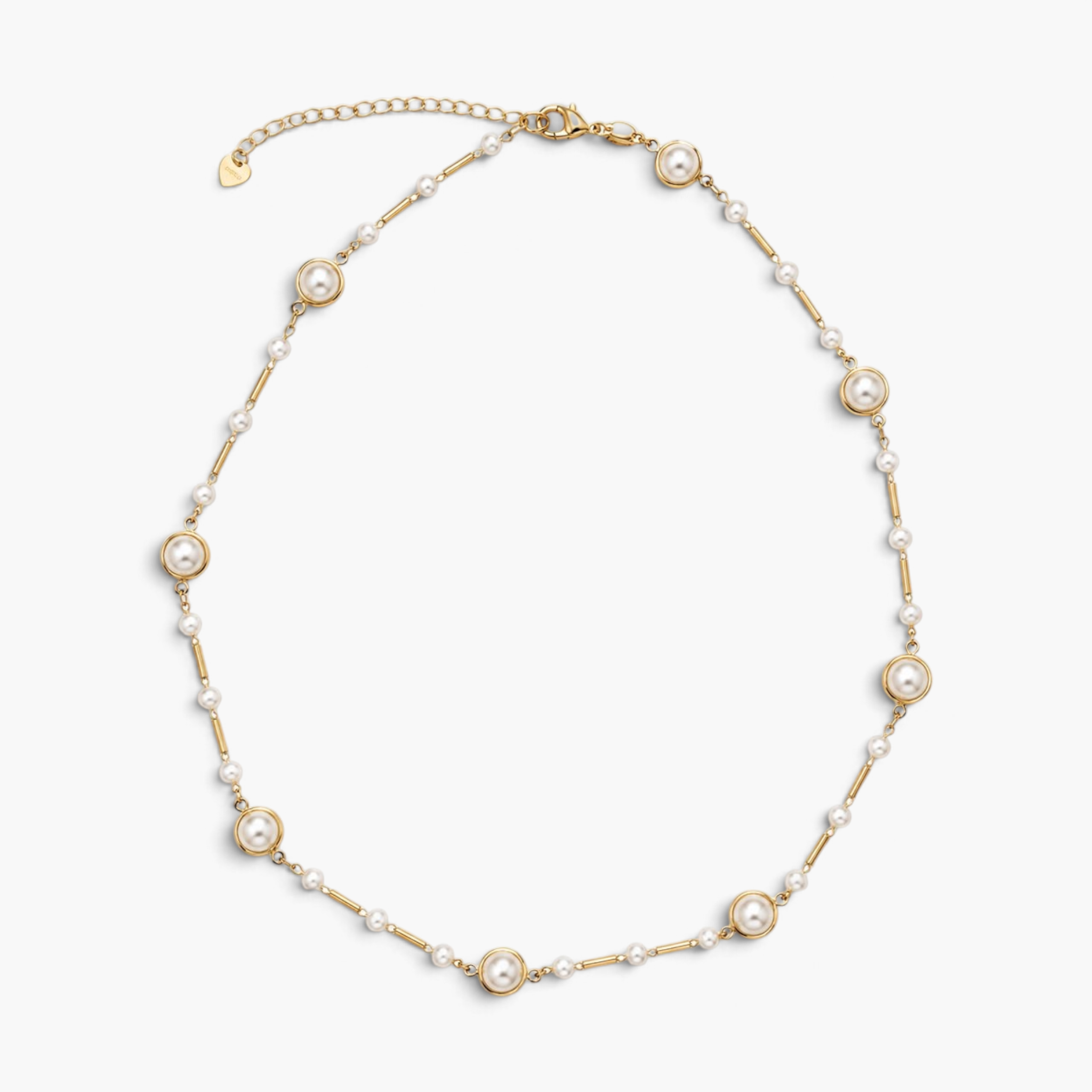 Beach Rose Co. 18K gold filled necklace featuring pearl-look beads, slender bar links, and framed pearl accents.