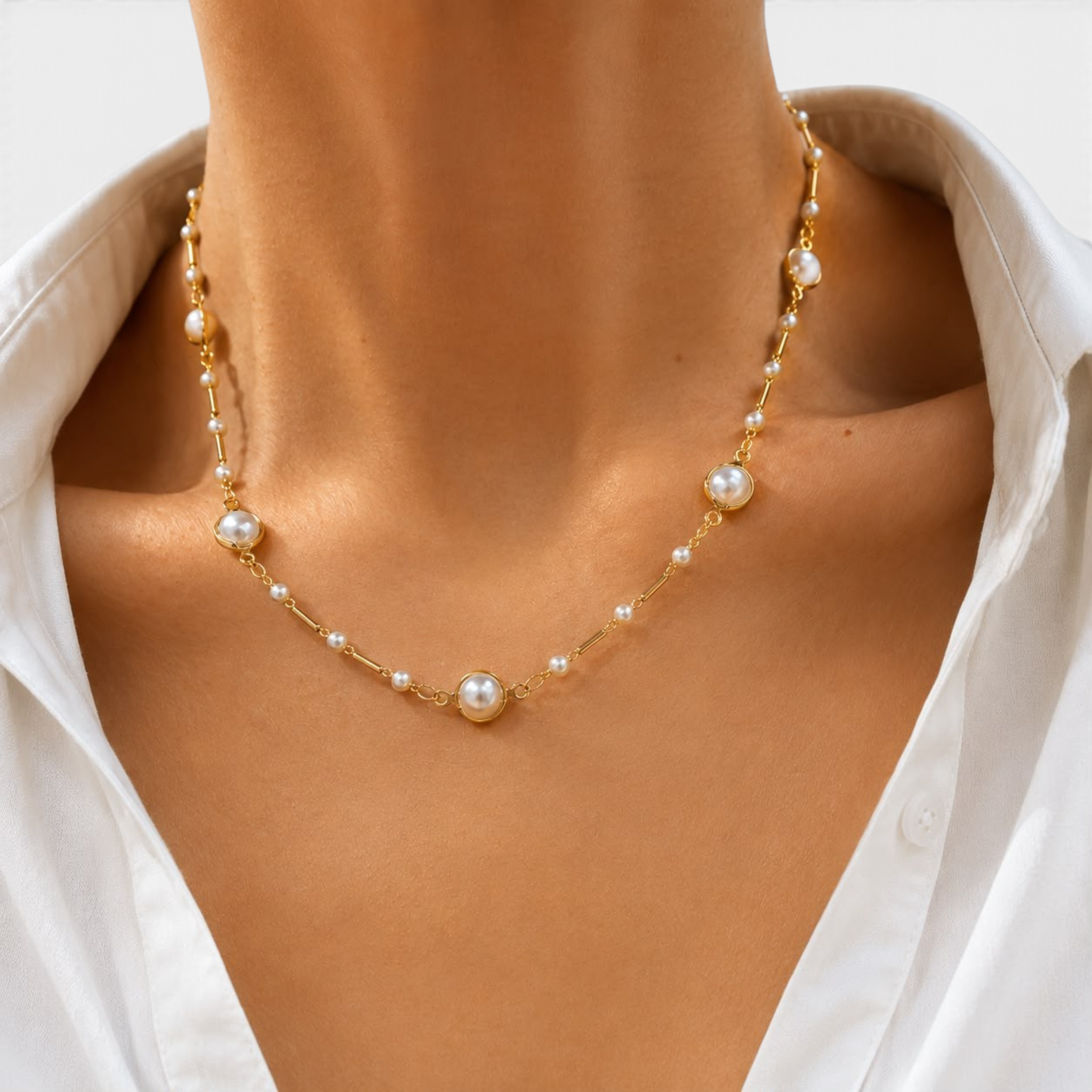 Beach Rose Co. 18K gold filled station necklace featuring pearl-look beads and slender bar links on a model
