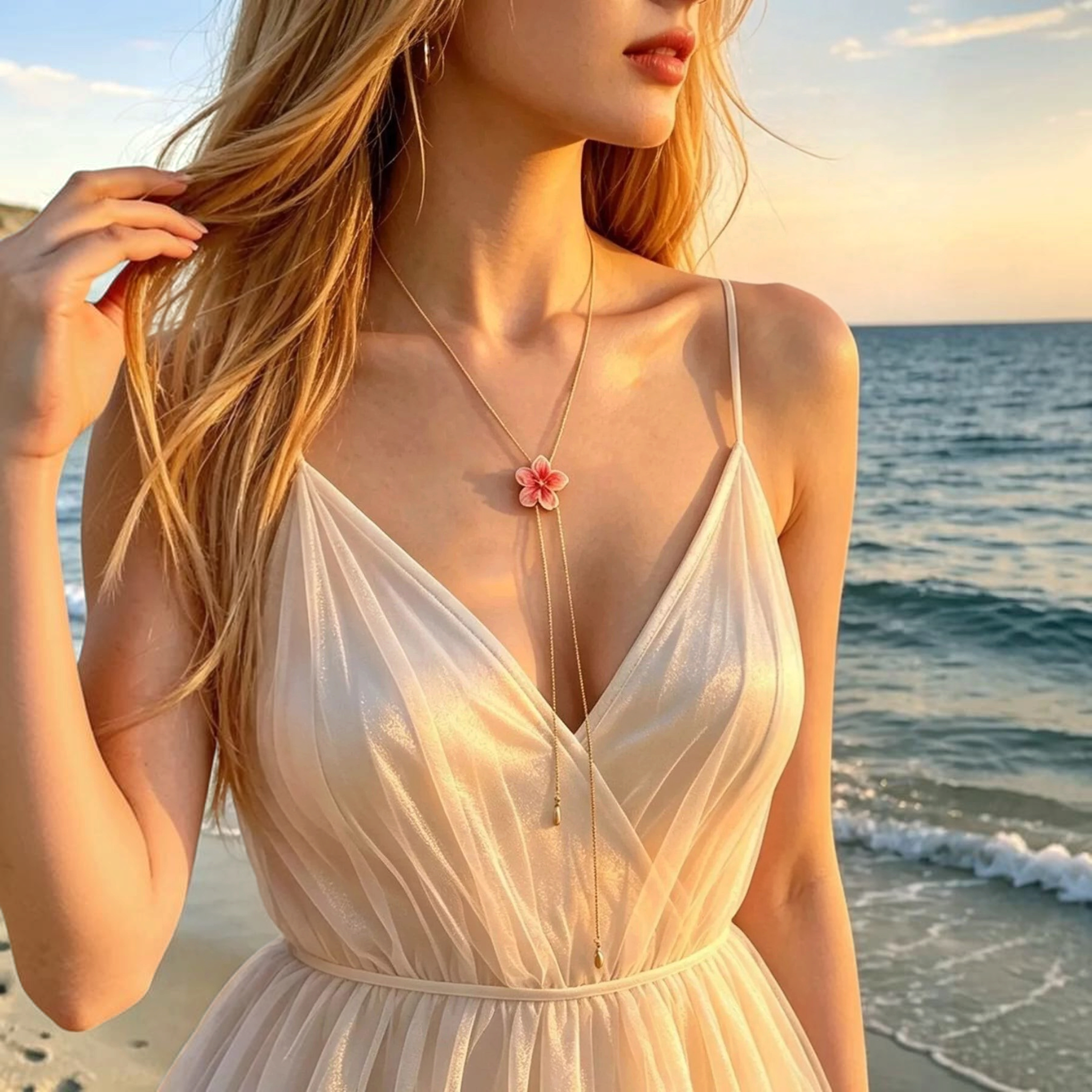 Beach Rose Co. 18K gold-plated lariat necklace featuring a pink resin flower worn by a woman on a beach at sunset.
