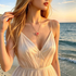 Beach Rose Co. 18K gold-plated lariat necklace featuring a pink resin flower worn by a woman on a beach at sunset.