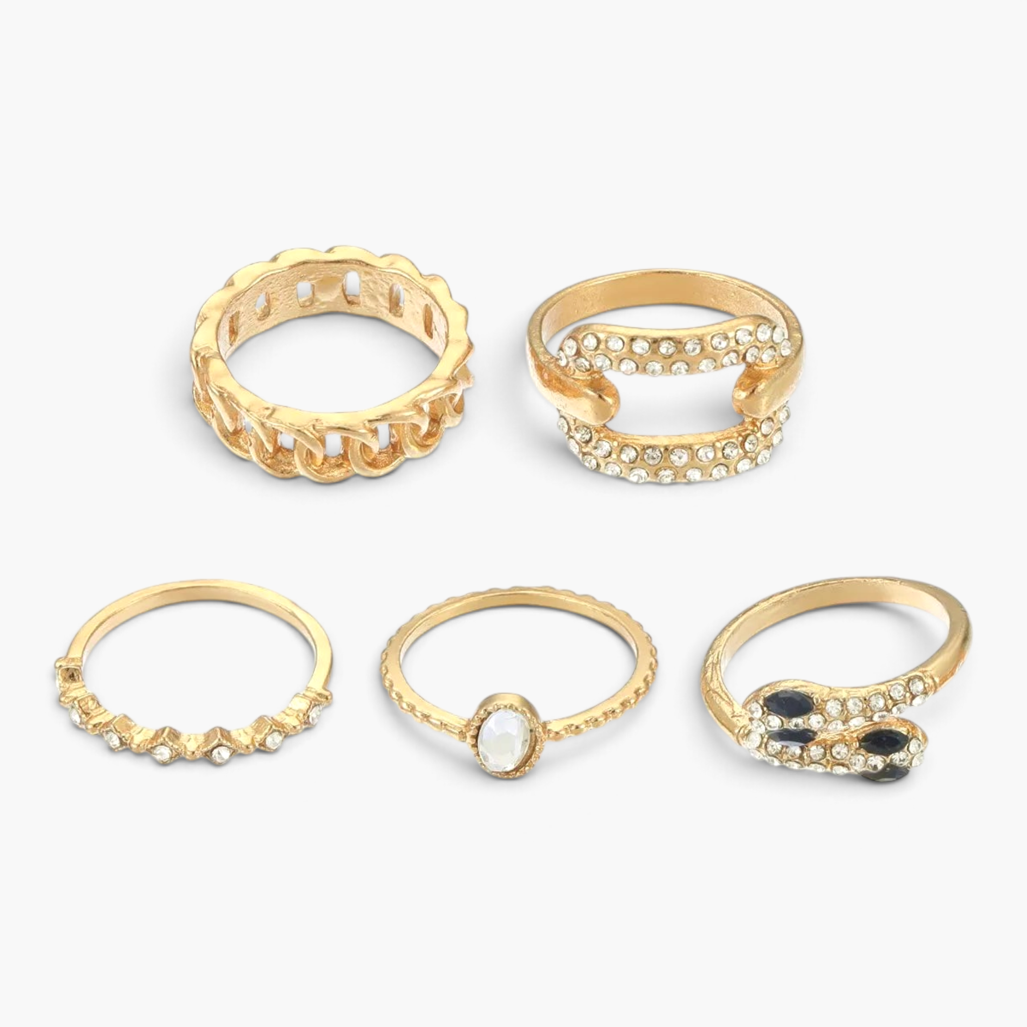 Beach Rose Co. 18K gold-plated ring set featuring chain-link, sparkling zircon, oval stone, and crossover designs.