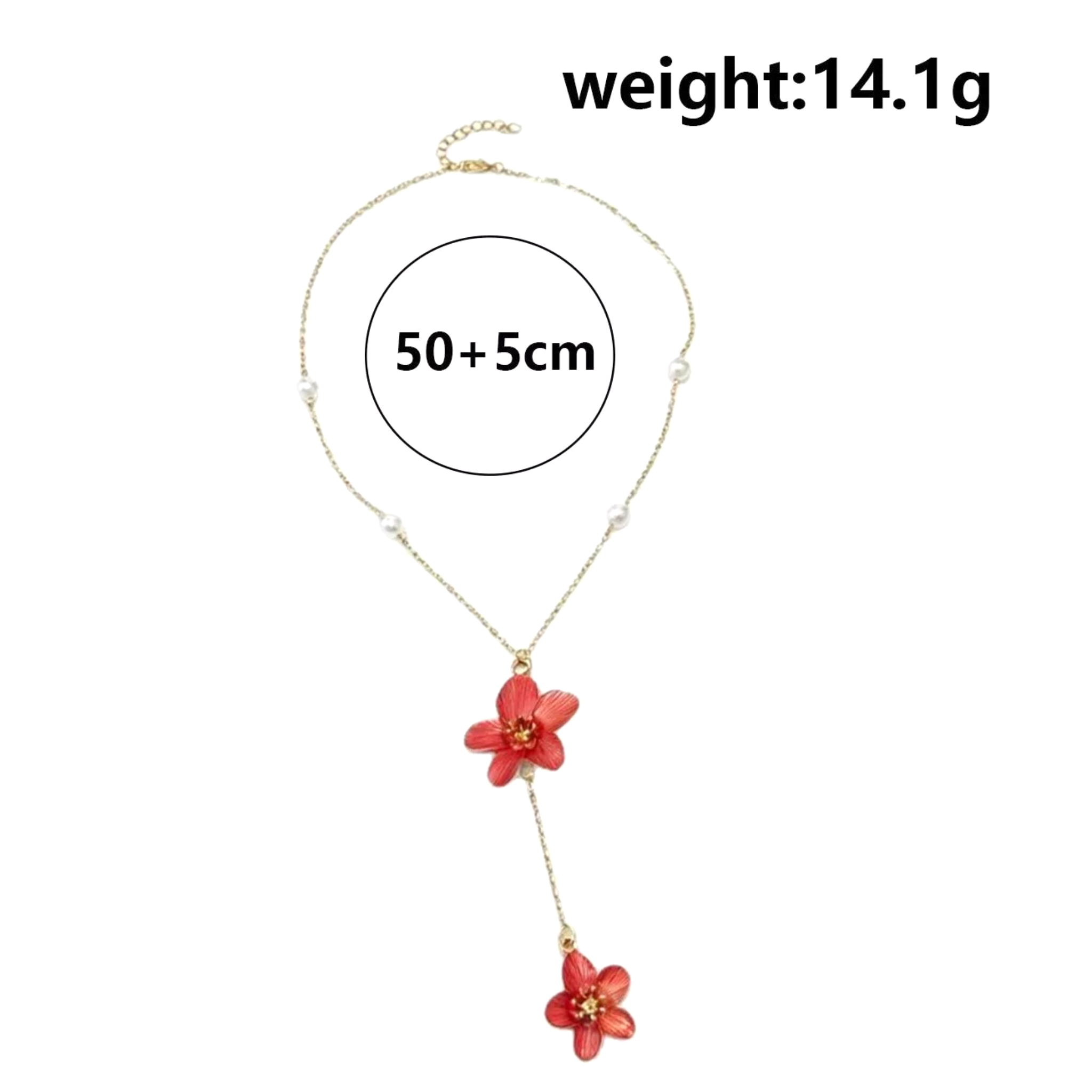 Beach Rose Co. 18K gold-plated Y-shaped necklace featuring two red resin flowers and white faux pearl accents.