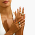 Beach Rose Co. 18K gold-plated ring set featuring aqua, amber, and cream resin stones on hammered and smooth bands.