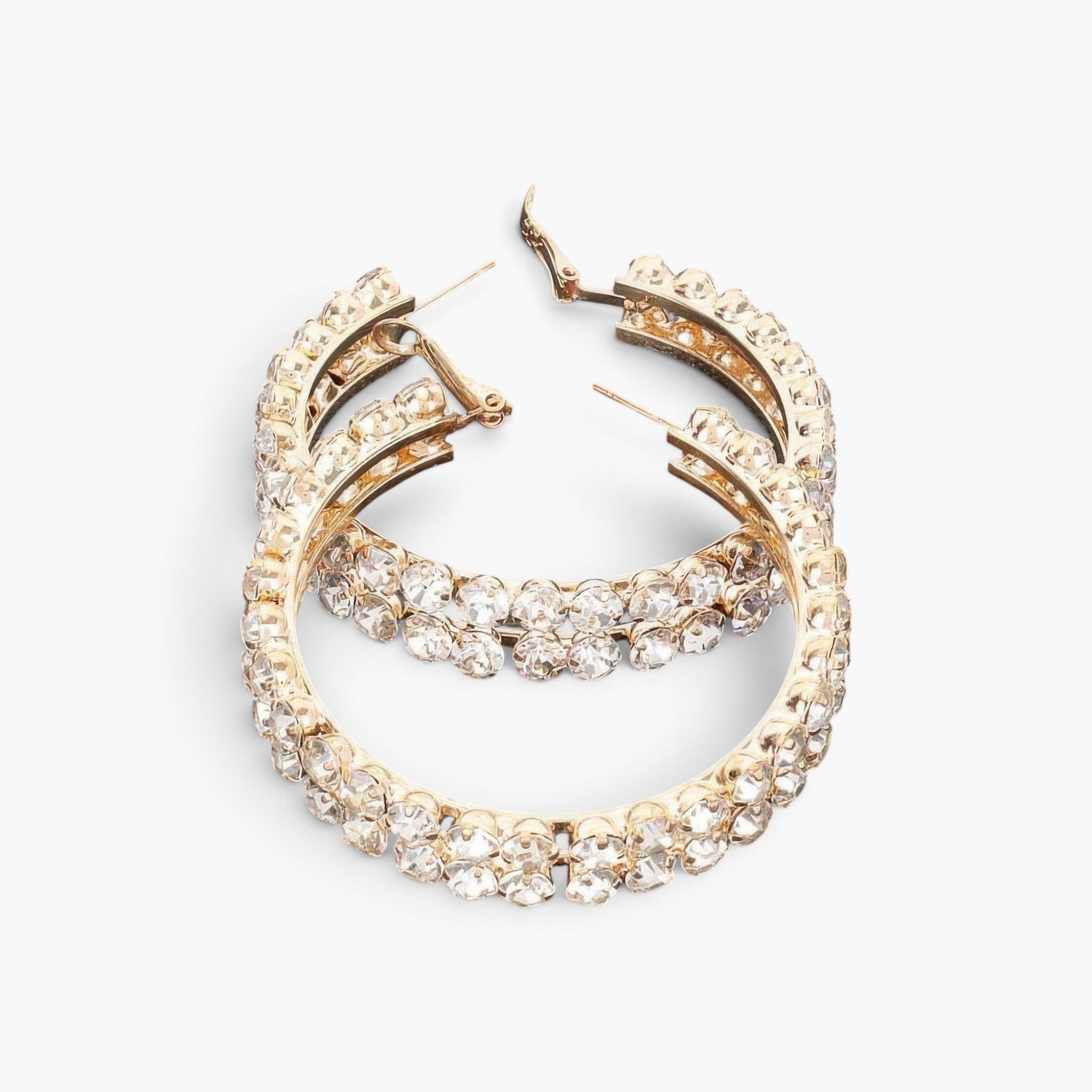 Beach Rose Co. gold double layered hoop earrings featuring two rows of sparkling clear rhinestones