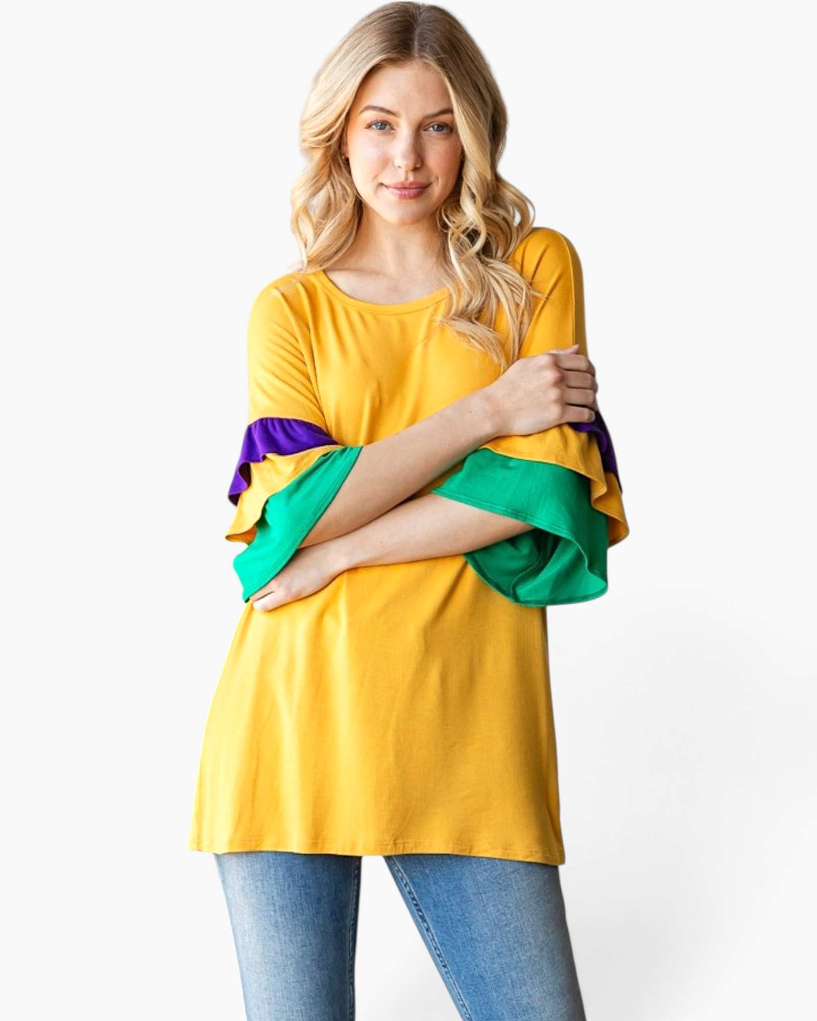 Beach Rose Co. gold top with purple and green color-block layered ruffle sleeves and a relaxed fit on a blonde model.