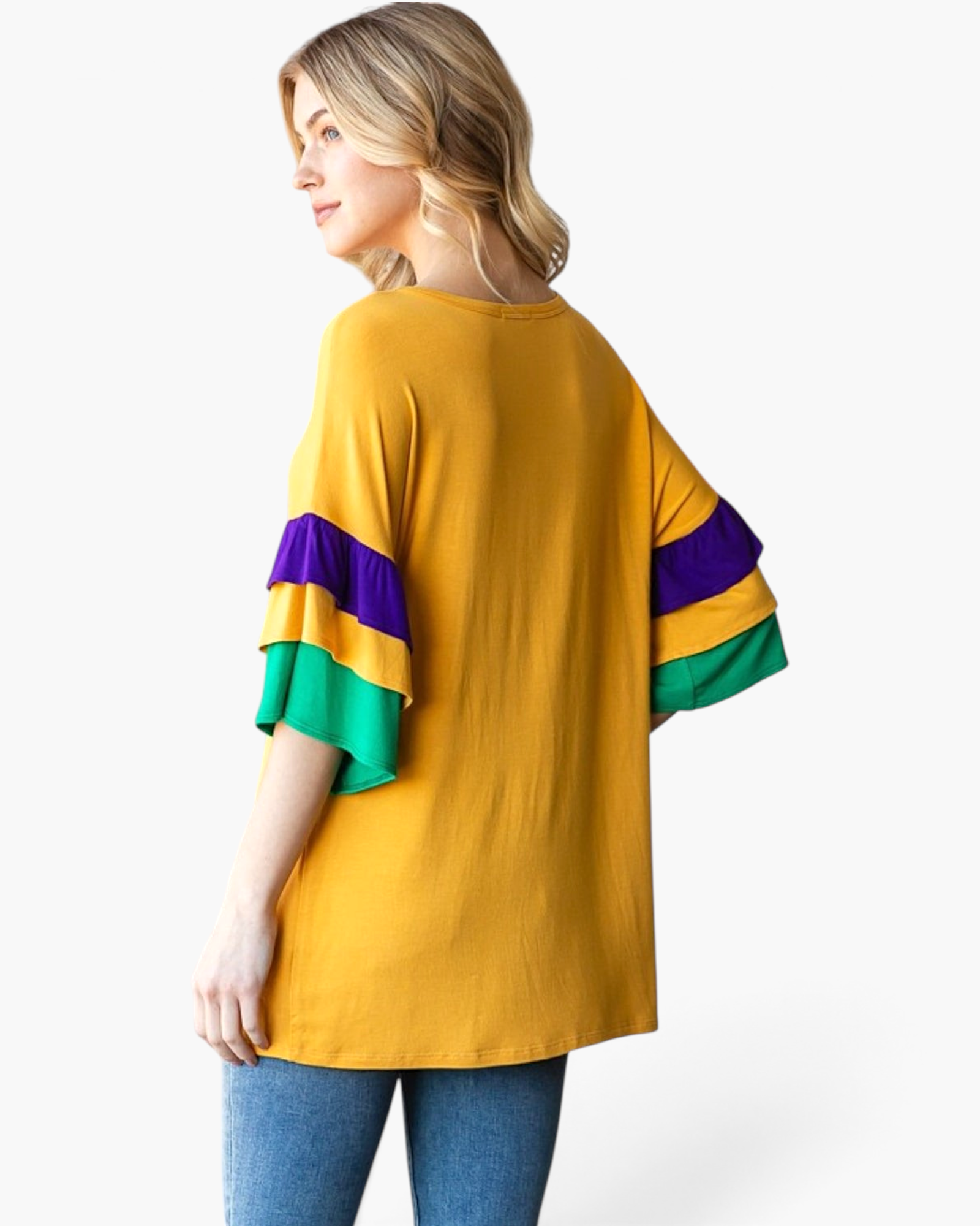 Beach Rose Co. gold top with purple and green layered ruffle sleeves, shown from a side view on a blonde model.
