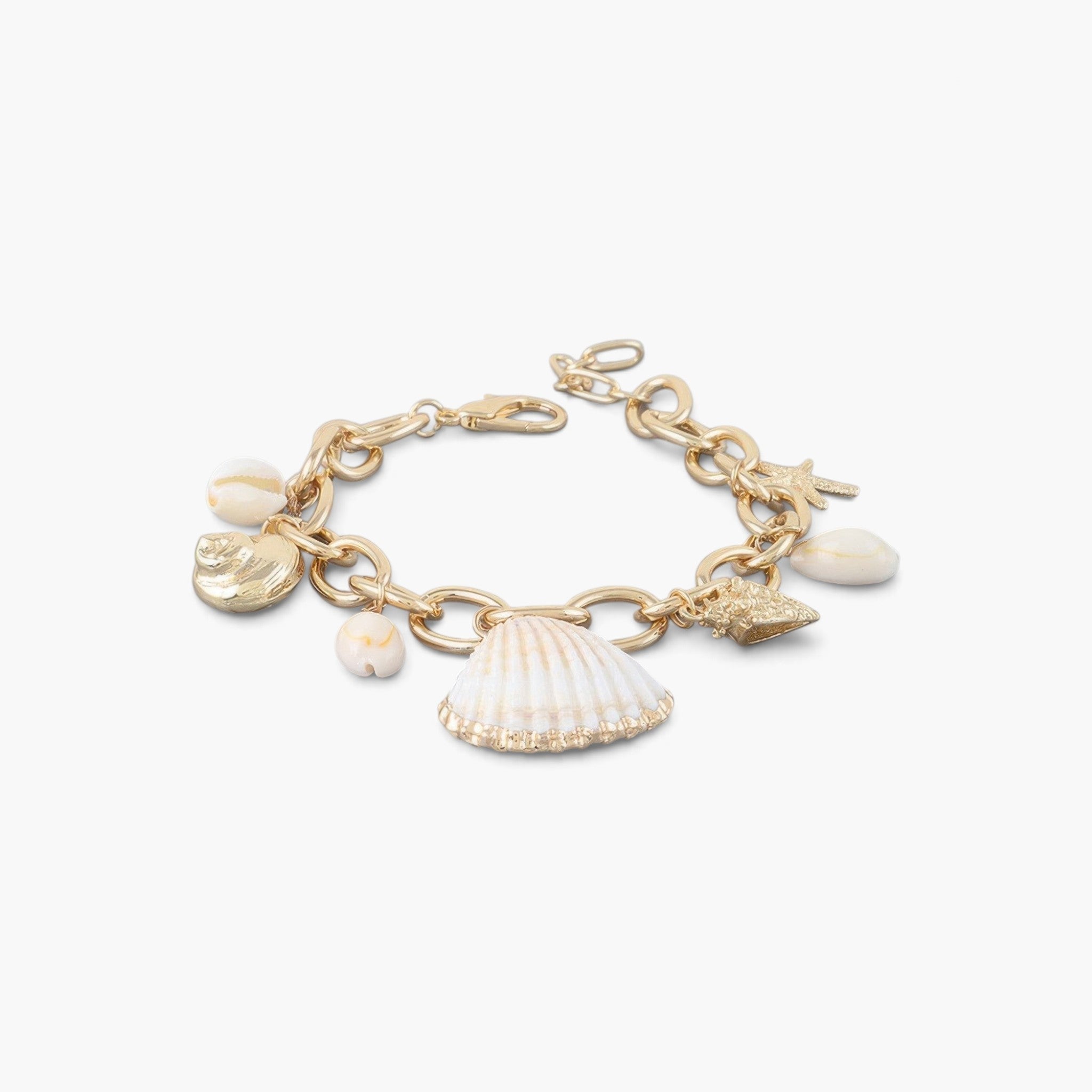 Beach Rose Co. gold chain bracelet featuring delicate cream and metallic seashell charms for a coastal summer look.