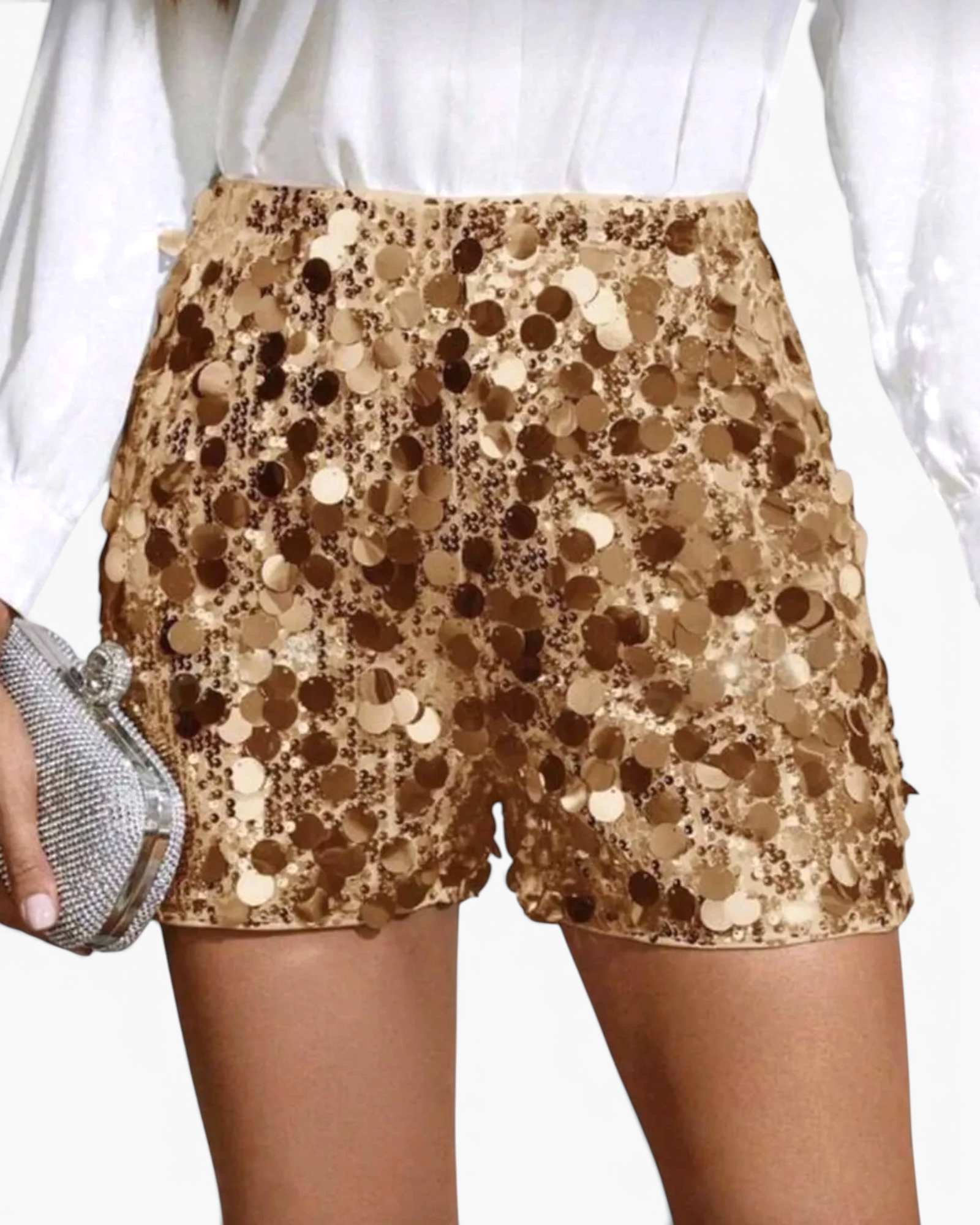 Beach Rose Co. gold sequin shorts featuring mixed-size oversized discs and a straight-leg silhouette.