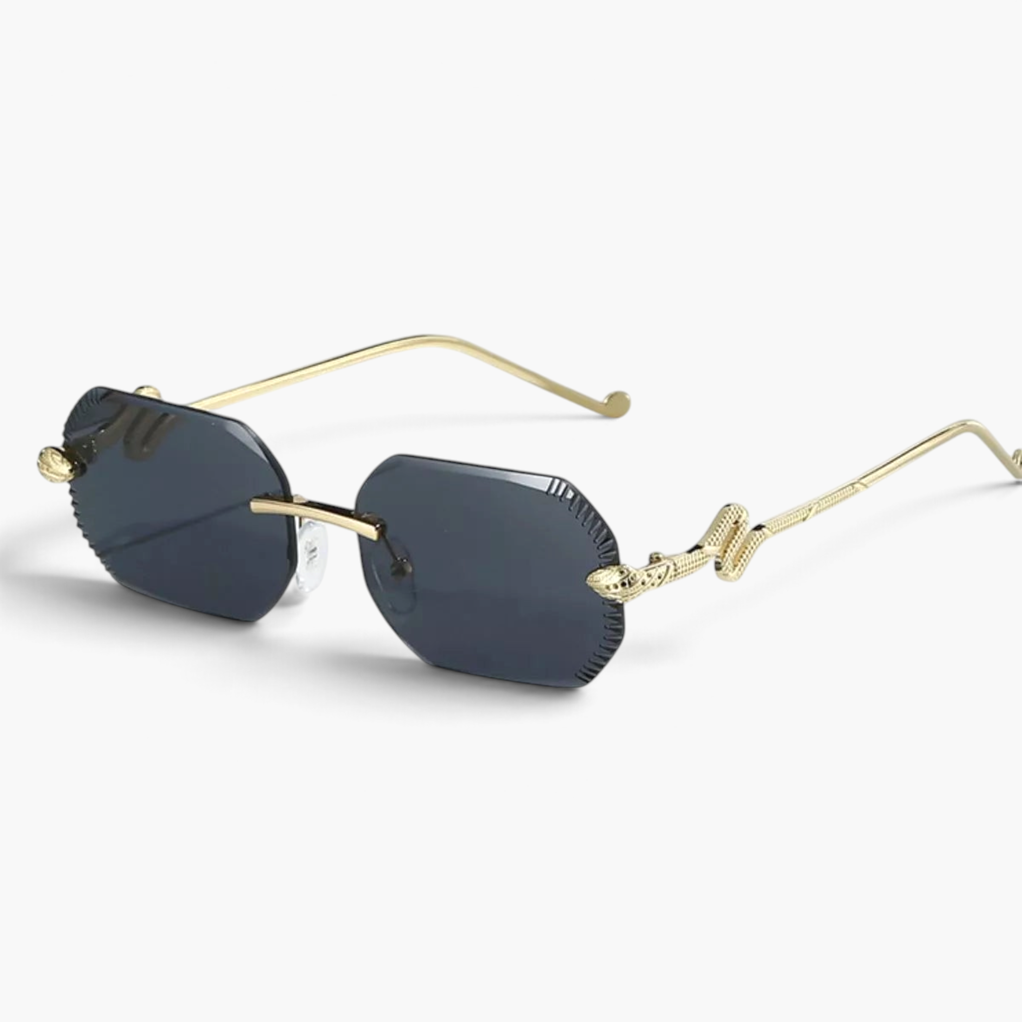Beach Rose Co. rimless geometric sunglasses with dark lenses and gold snake temple details on a white background.