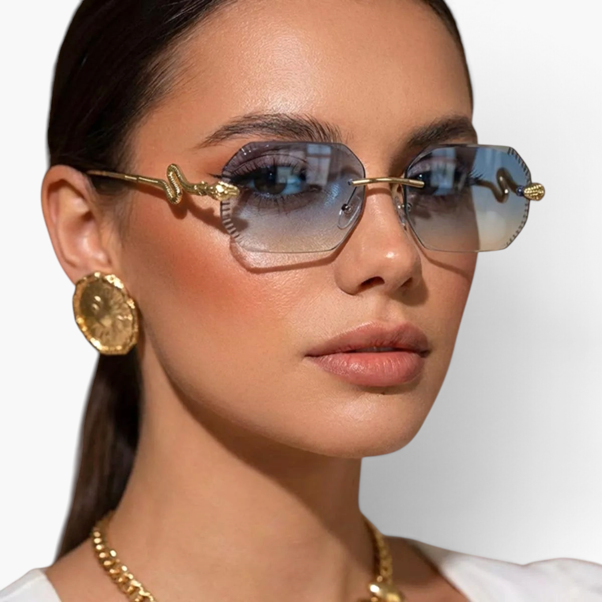 Beach Rose Co. rimless geometric sunglasses with blue gradient lenses and gold snake temple details on a model