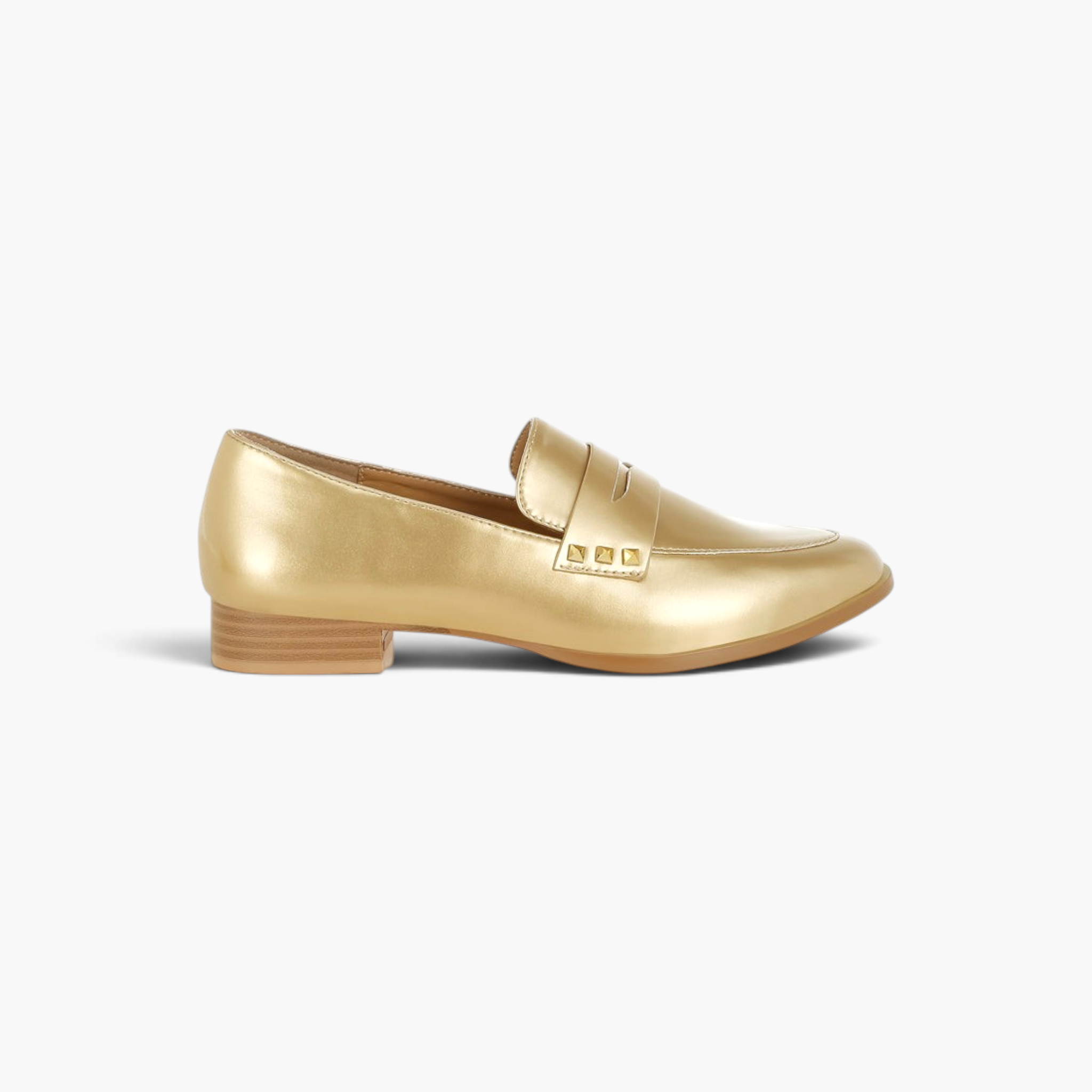 Beach Rose Co. gold patent pleather penny loafers with stud embellishments on the strap and a low block heel.