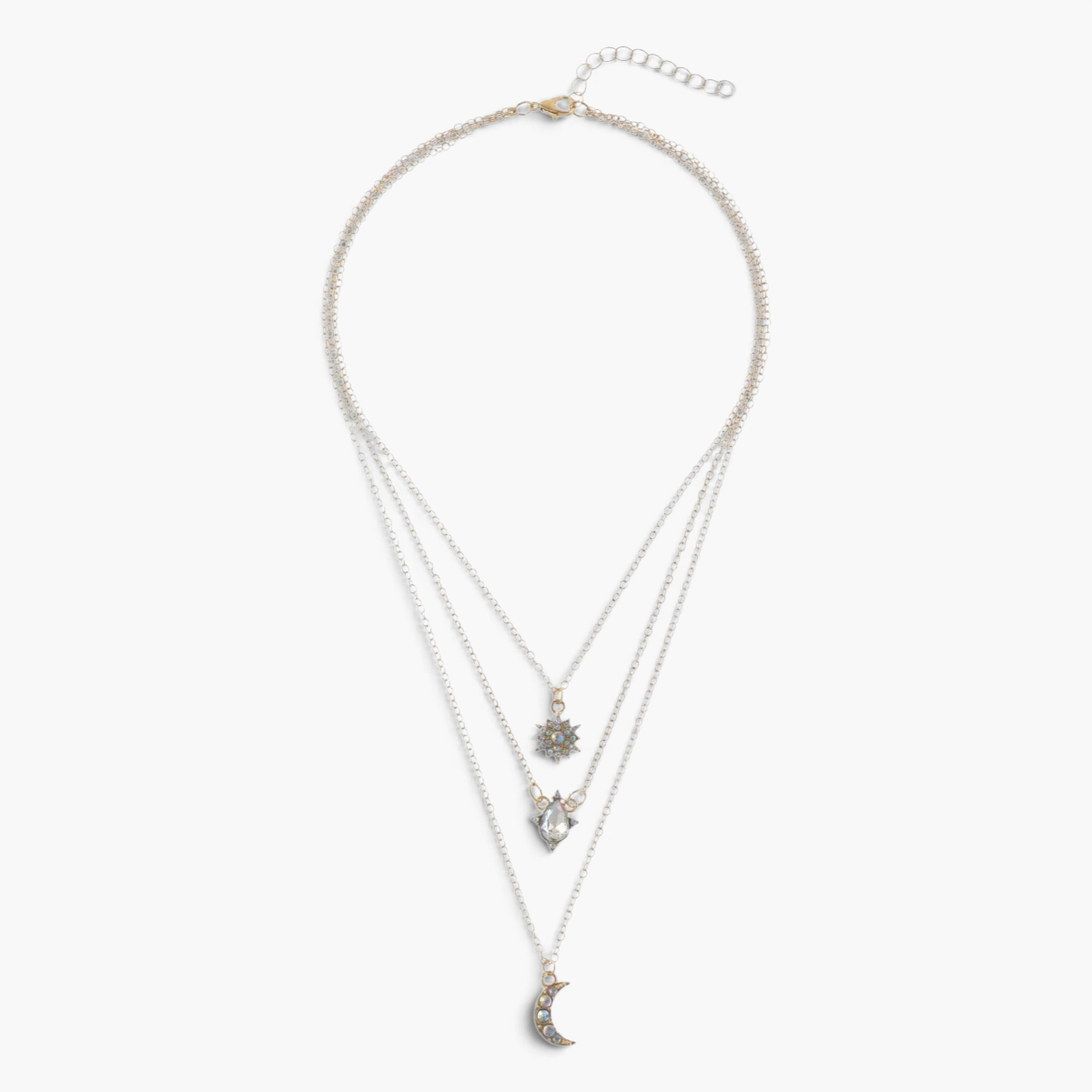 Beach Rose Co. 18K gold-plated layered necklace featuring a zircon sun, teardrop crystal, and crescent moon pendants.