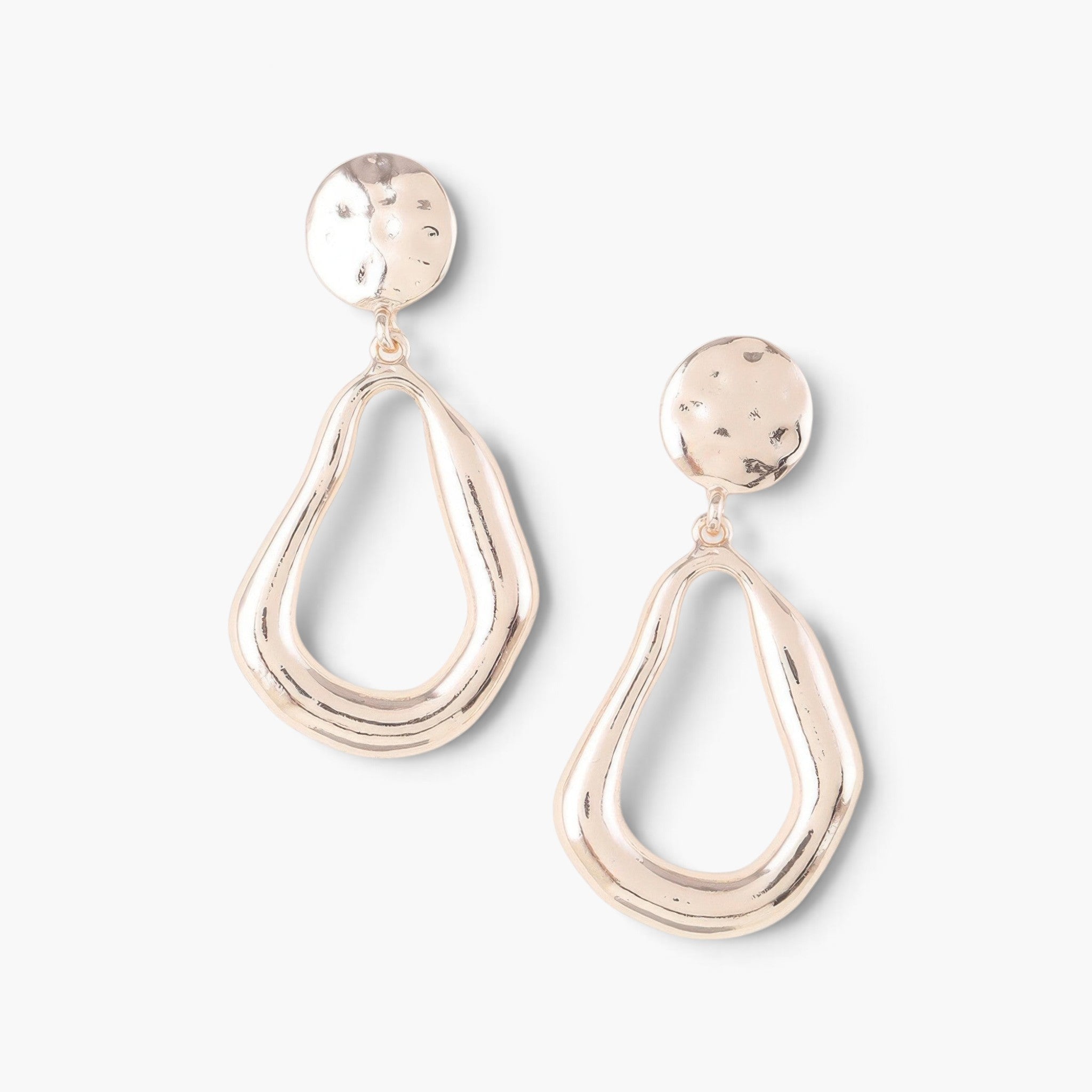 Beach Rose Co. abstract shiny gold-tone teardrop earrings with a polished, fluid metal design on a white background.