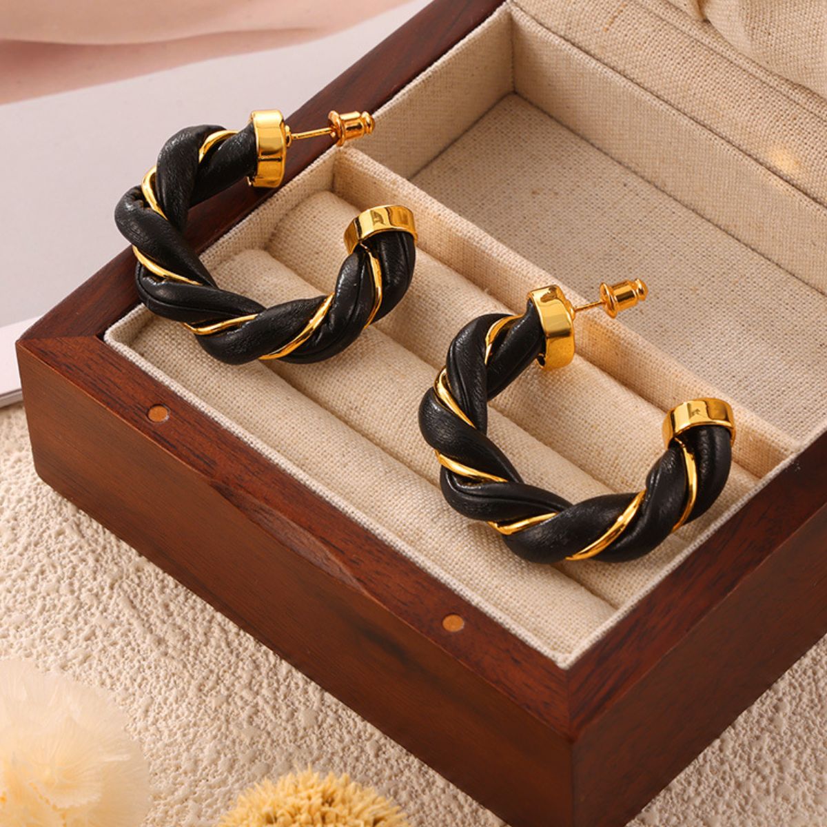 Beach Rose Co. - Gold Twisted Leather Rope C - Hoop Earrings