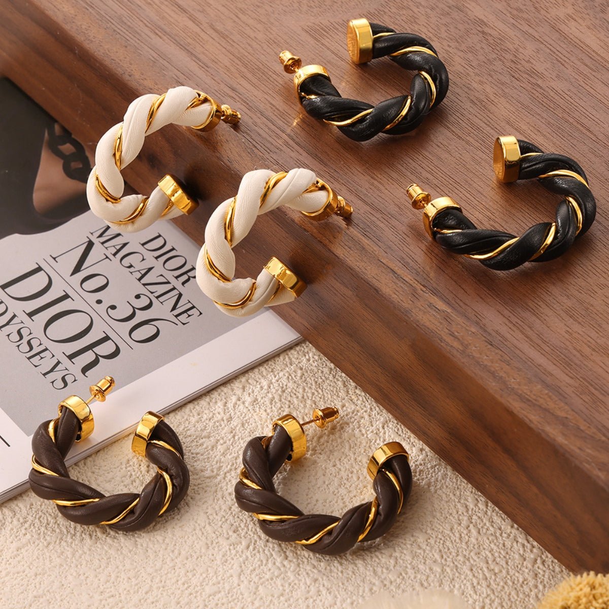 Beach Rose Co. - Gold Twisted Leather Rope C - Hoop Earrings