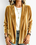 Beach Rose Co. gold velour open-front cardigan with patch pockets worn over a white tee and blue jeans.