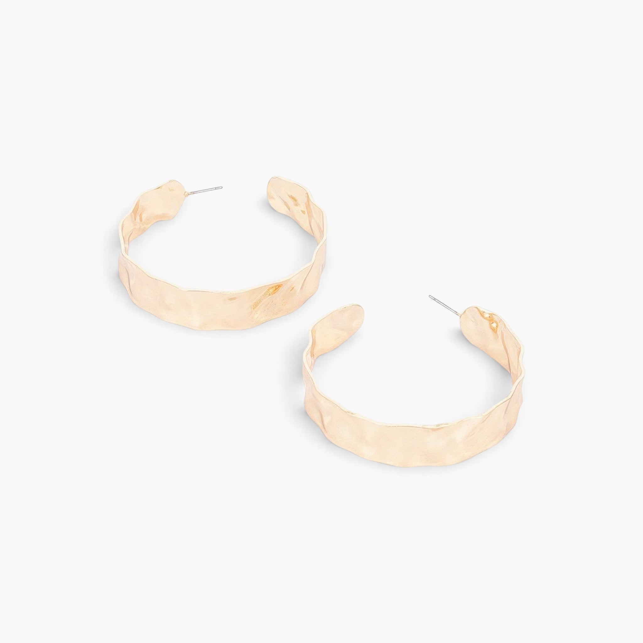 Beach Rose Co. gold plated wide metal hoop earrings with a textured, polished finish on a clean white background.