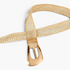 Beach Rose Co. gold woven polyester belt with an oversized alloy prong buckle and double keeper loops.