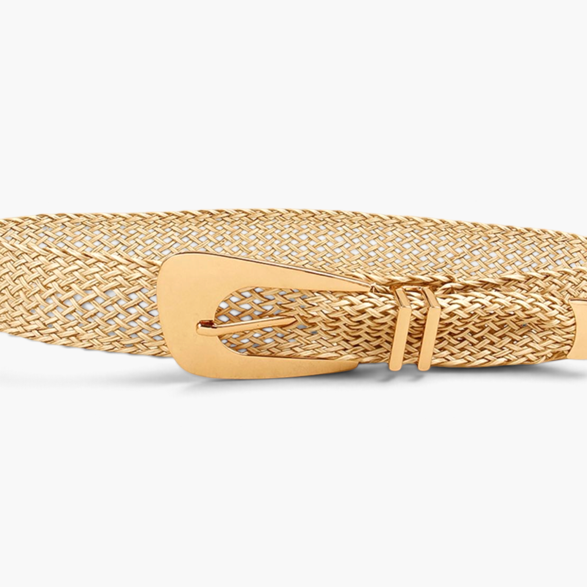 Beach Rose Co. gold woven polyester belt with an oversized alloy prong buckle and double keeper loops.