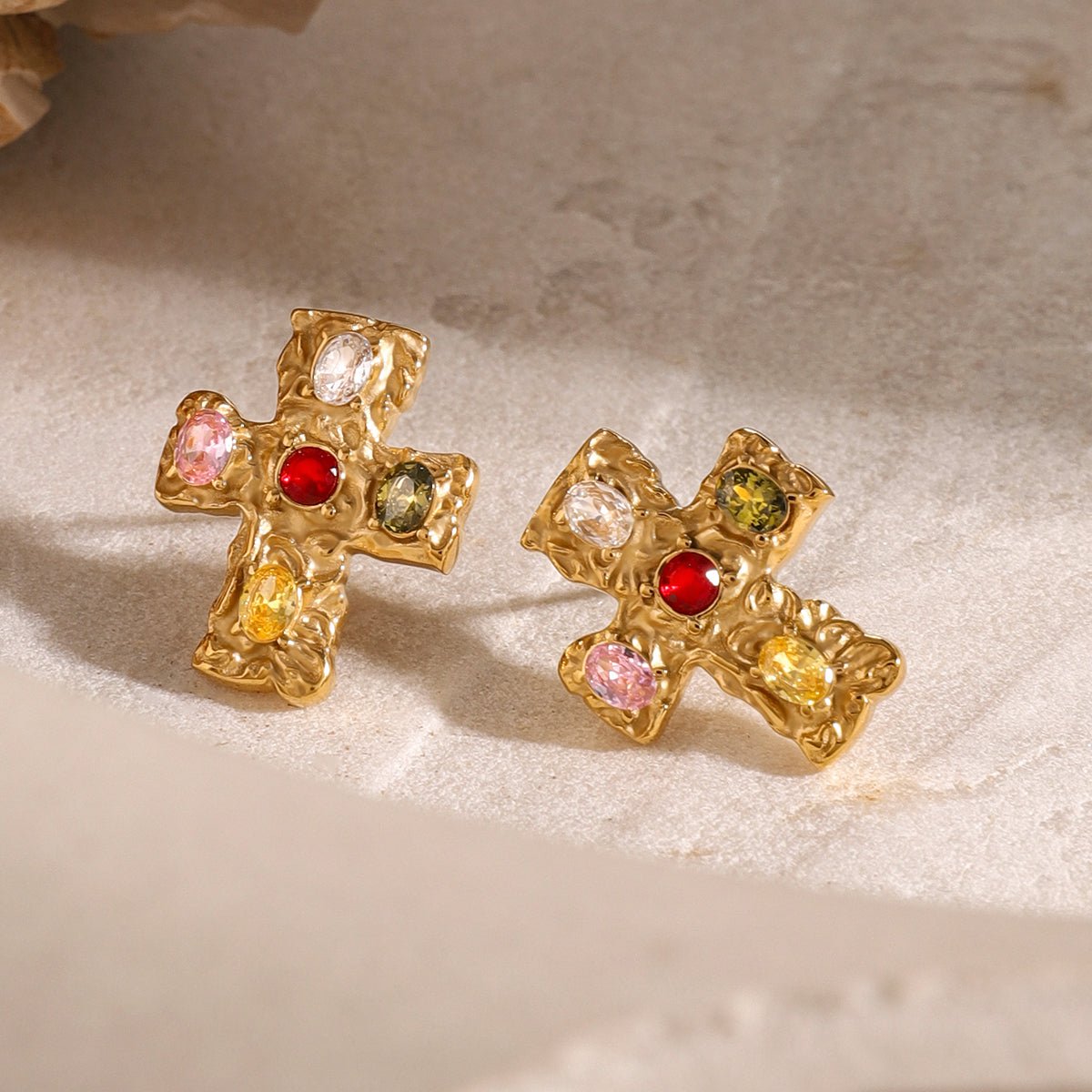 Beach Rose Co. - Gold Zircon Cross Earrings