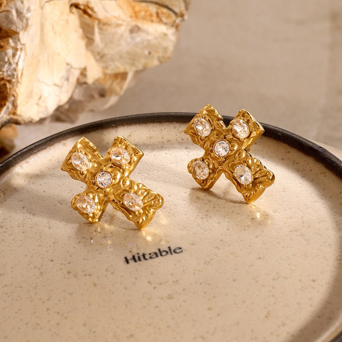 Beach Rose Co. - Gold Zircon Cross Earrings