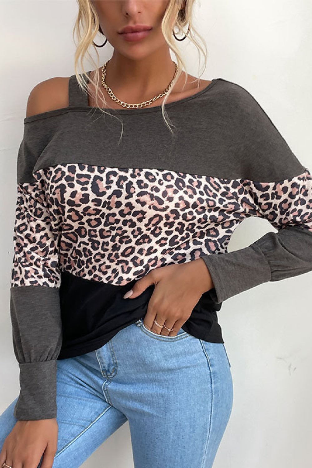 Beach Rose Co. - Gray & Black Leopard Print Cold Shoulder Top