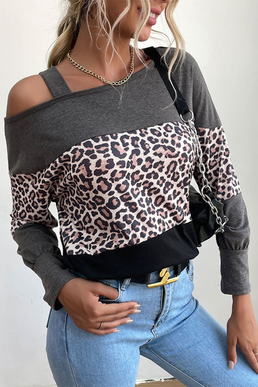 Beach Rose Co. - Gray & Black Leopard Print Cold Shoulder Top