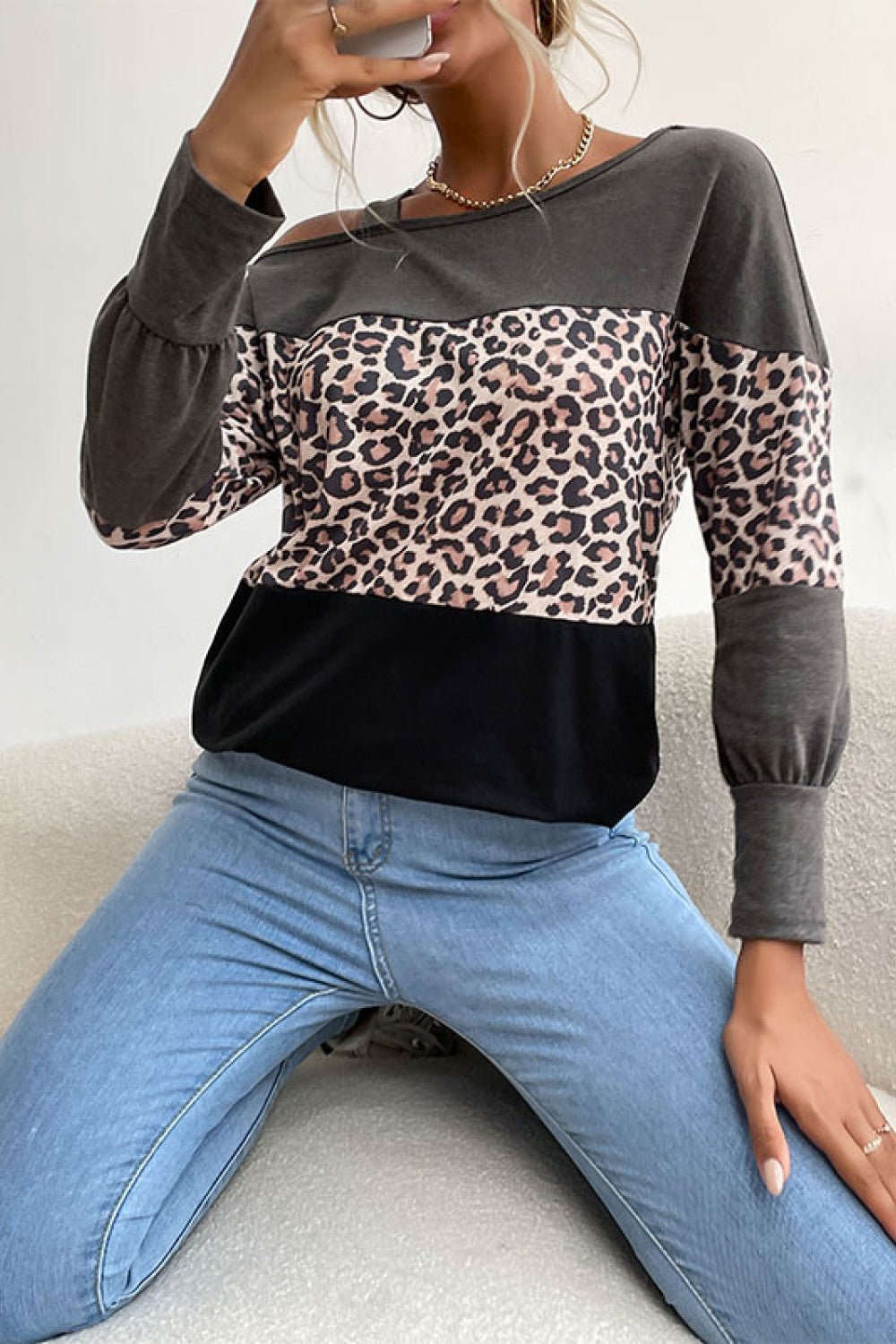 Beach Rose Co. - Gray & Black Leopard Print Cold Shoulder Top