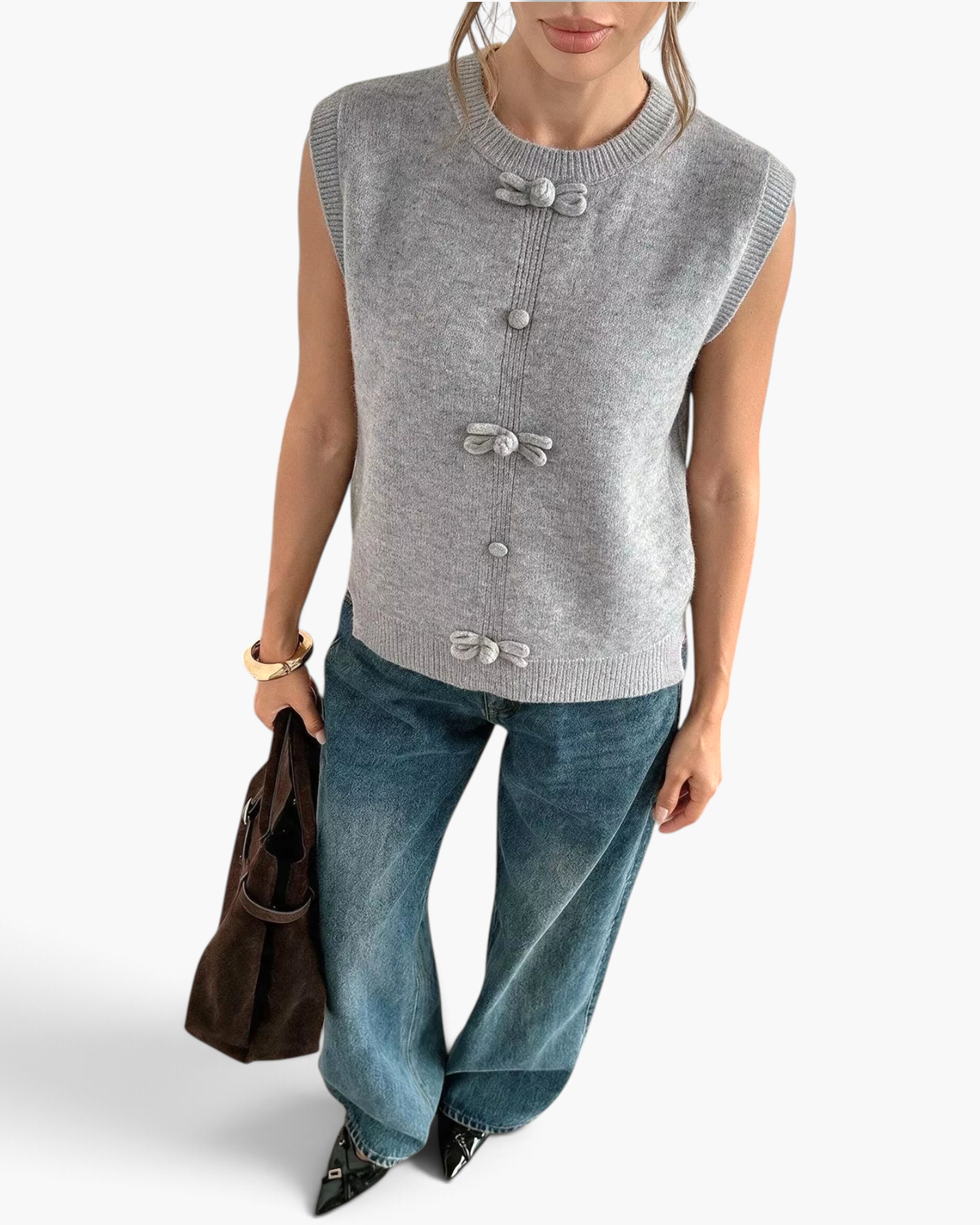 Beach Rose Co. heather gray sweater vest featuring decorative bows, covered buttons, and a ribbed round neckline.