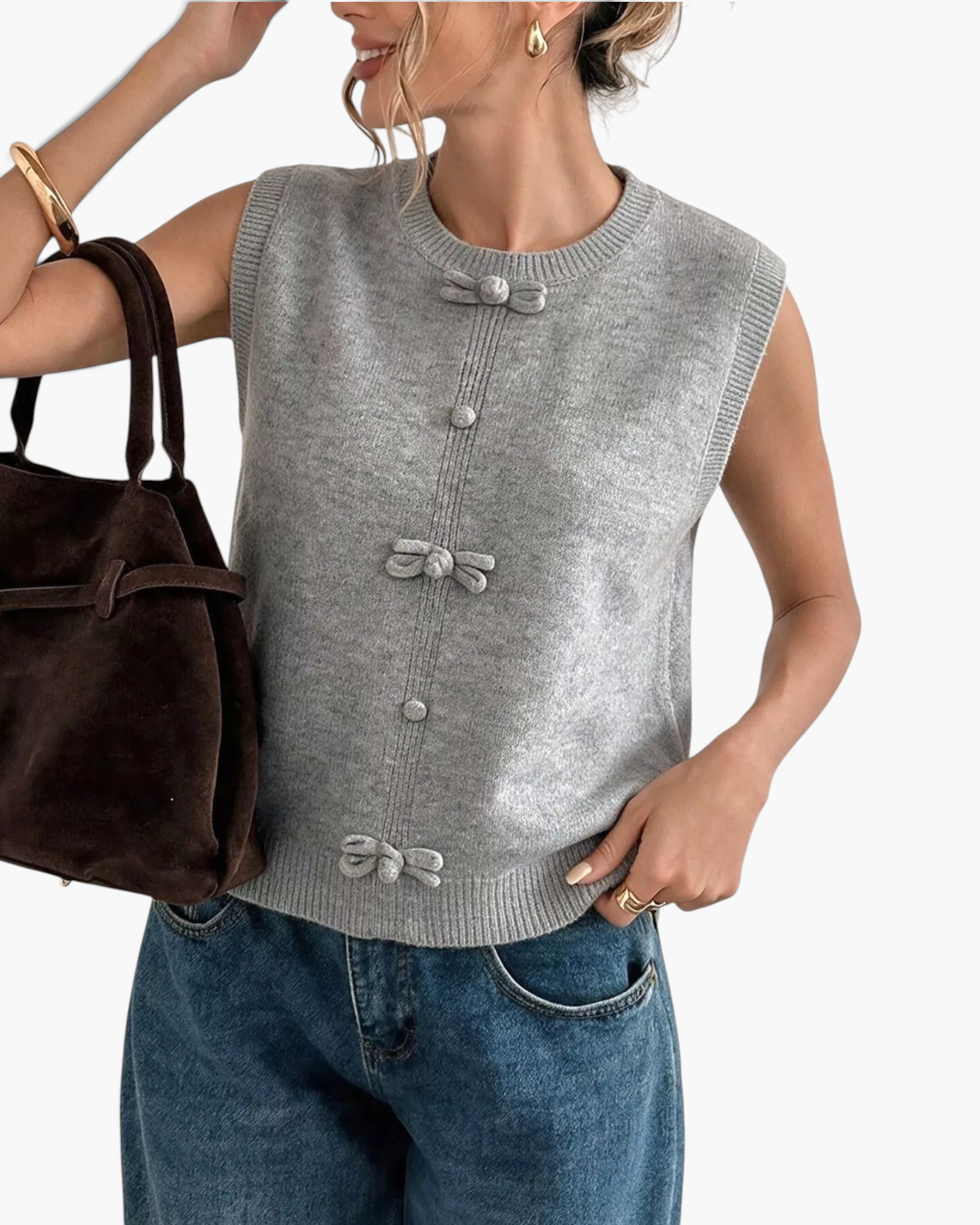 Beach Rose Co. gray sleeveless sweater vest featuring decorative bows and covered buttons with a ribbed round neckline.