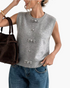 Beach Rose Co. gray sleeveless sweater vest featuring decorative bows and covered buttons with a ribbed round neckline.